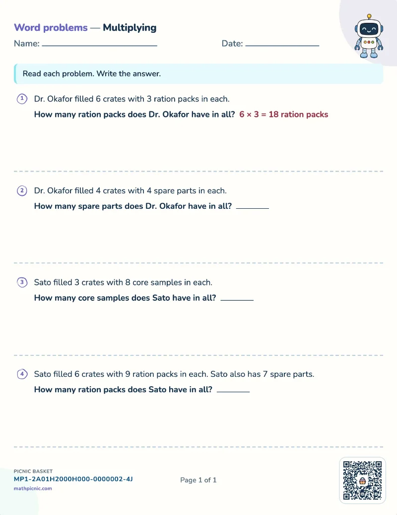Multiplication word problems worksheet — free printable with answer key