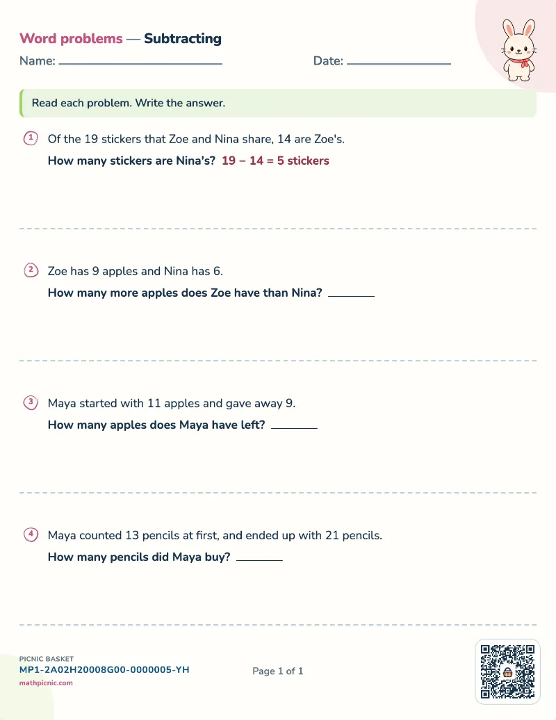 Subtraction word problems worksheet — free printable with answer key