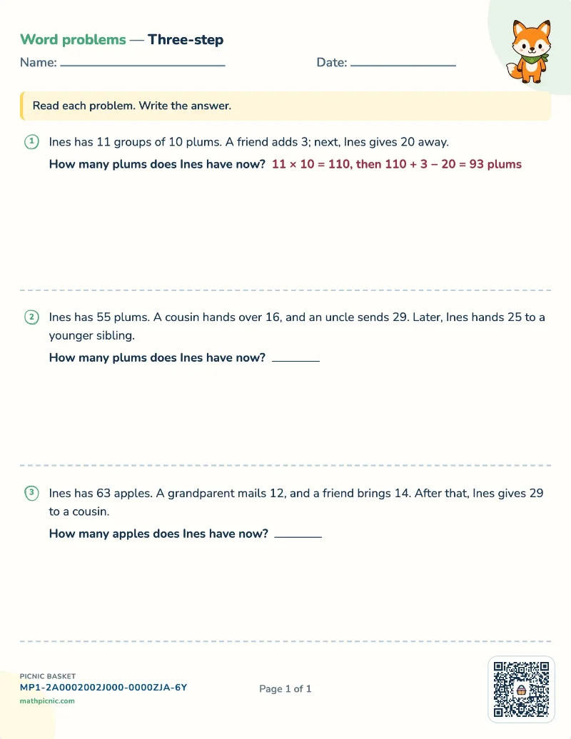 Three-step word problems worksheet — free printable with answer key