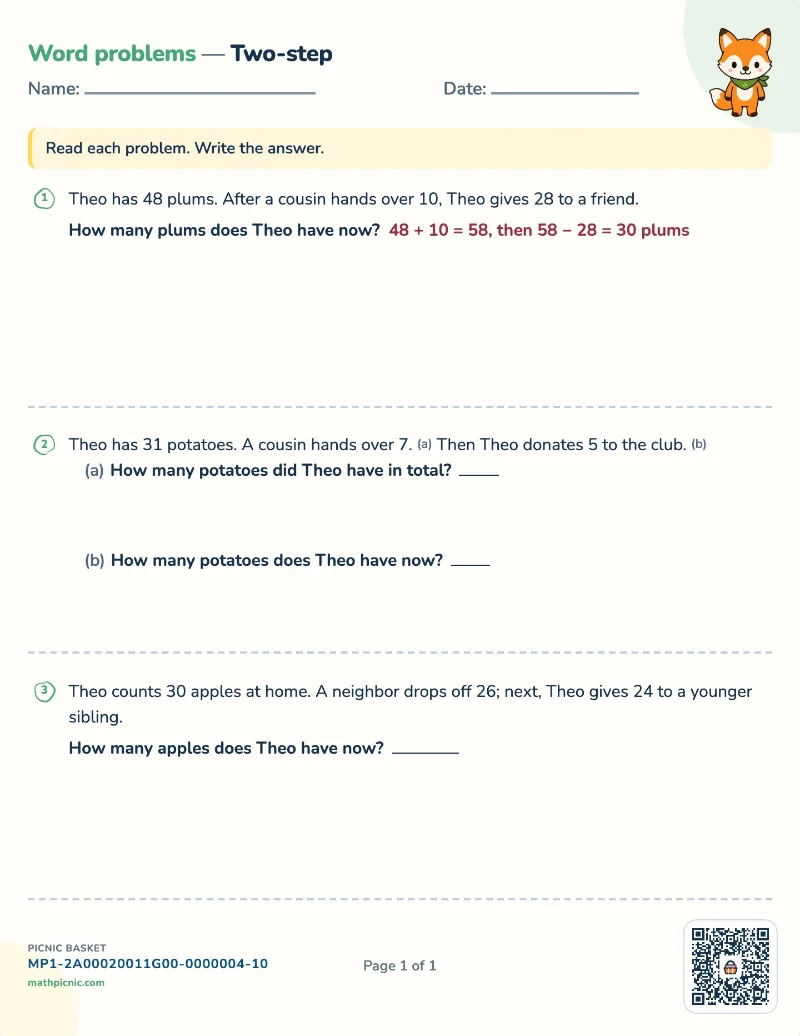 Two-step word problems worksheet — free printable with answer key