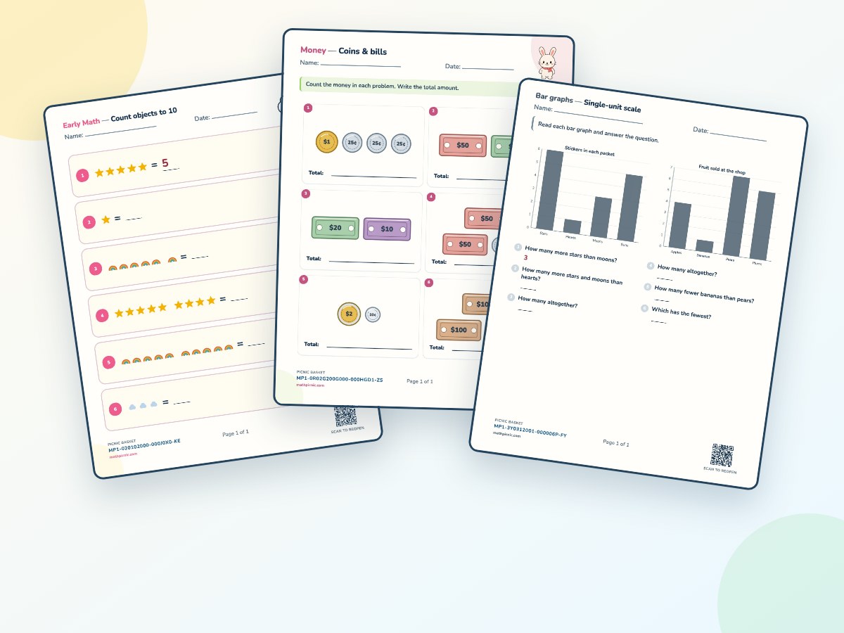 Three free printable math worksheets for counting, money and graph reading