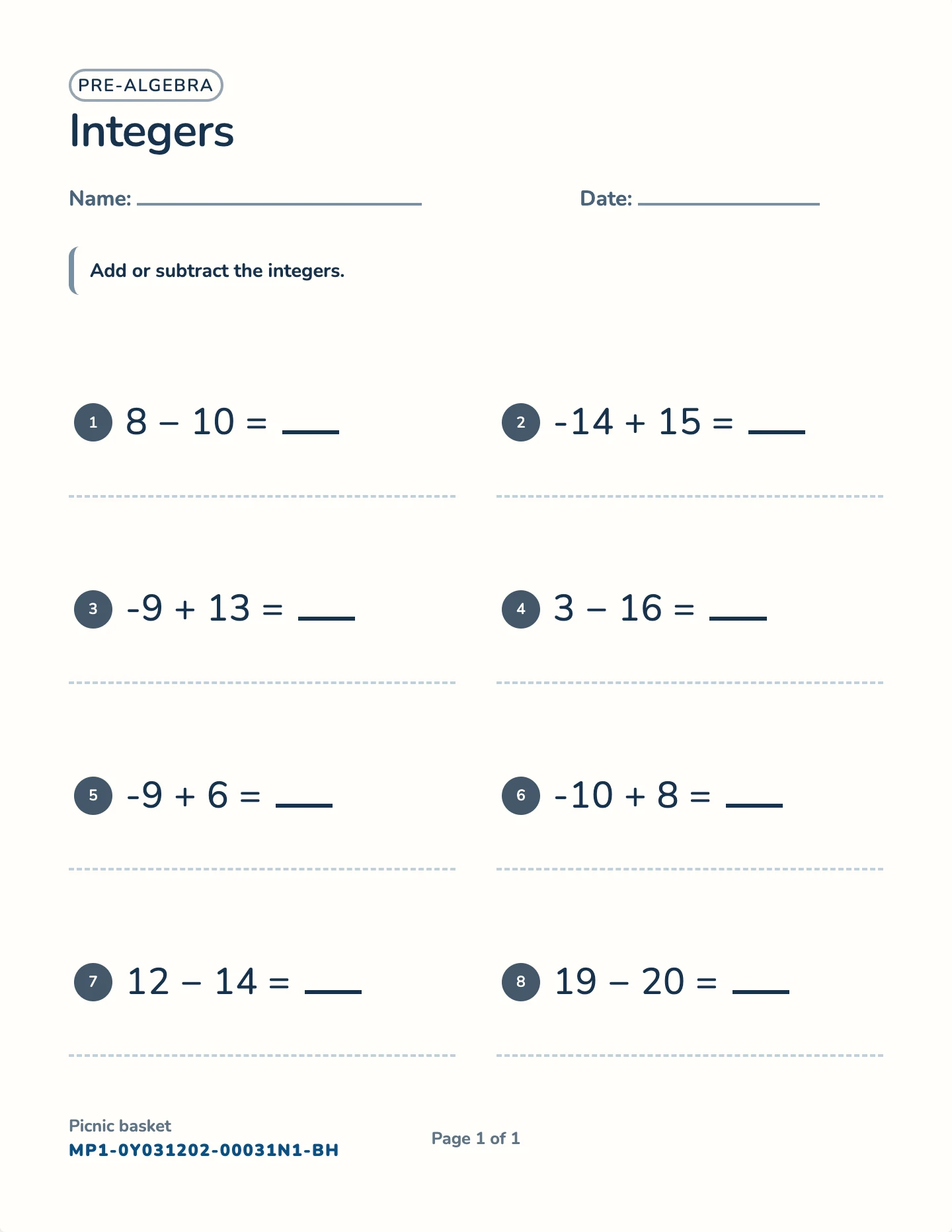 Integer operations worksheet — Add, subtract, multiply, divide, free printable with answer key