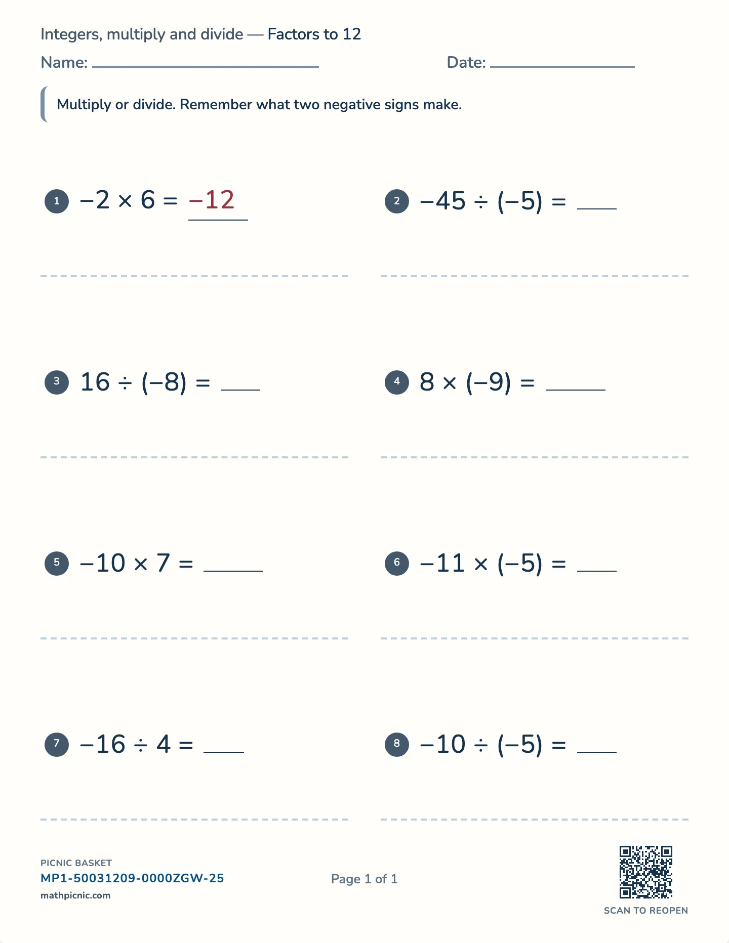 Multiplying and dividing integers worksheet — Multiply and divide, free printable with answer key