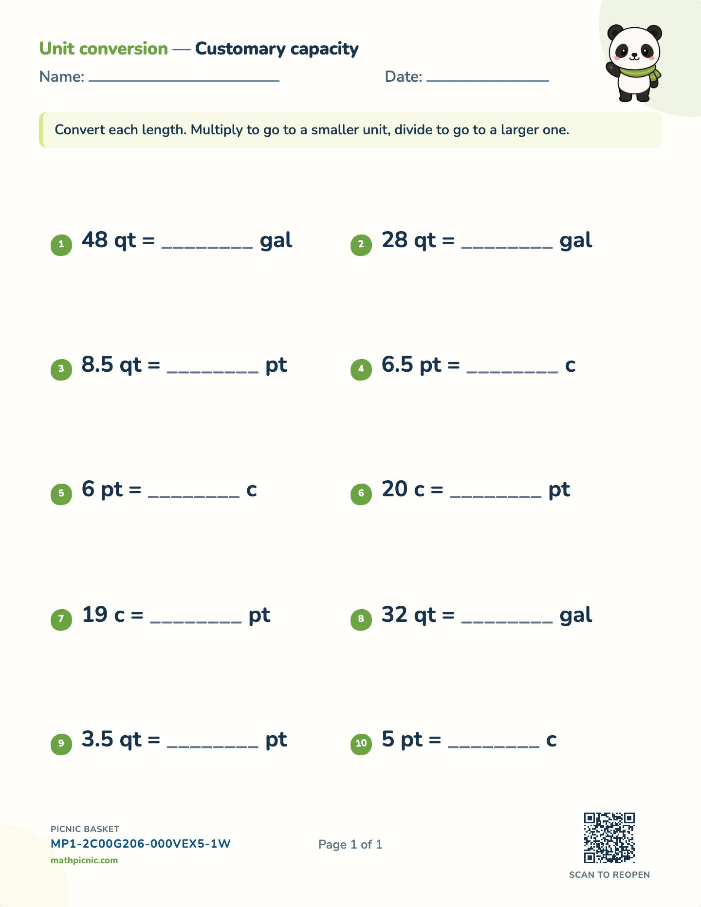 Customary capacity conversion worksheet — cup, pt, qt, gal, free printable with answer key