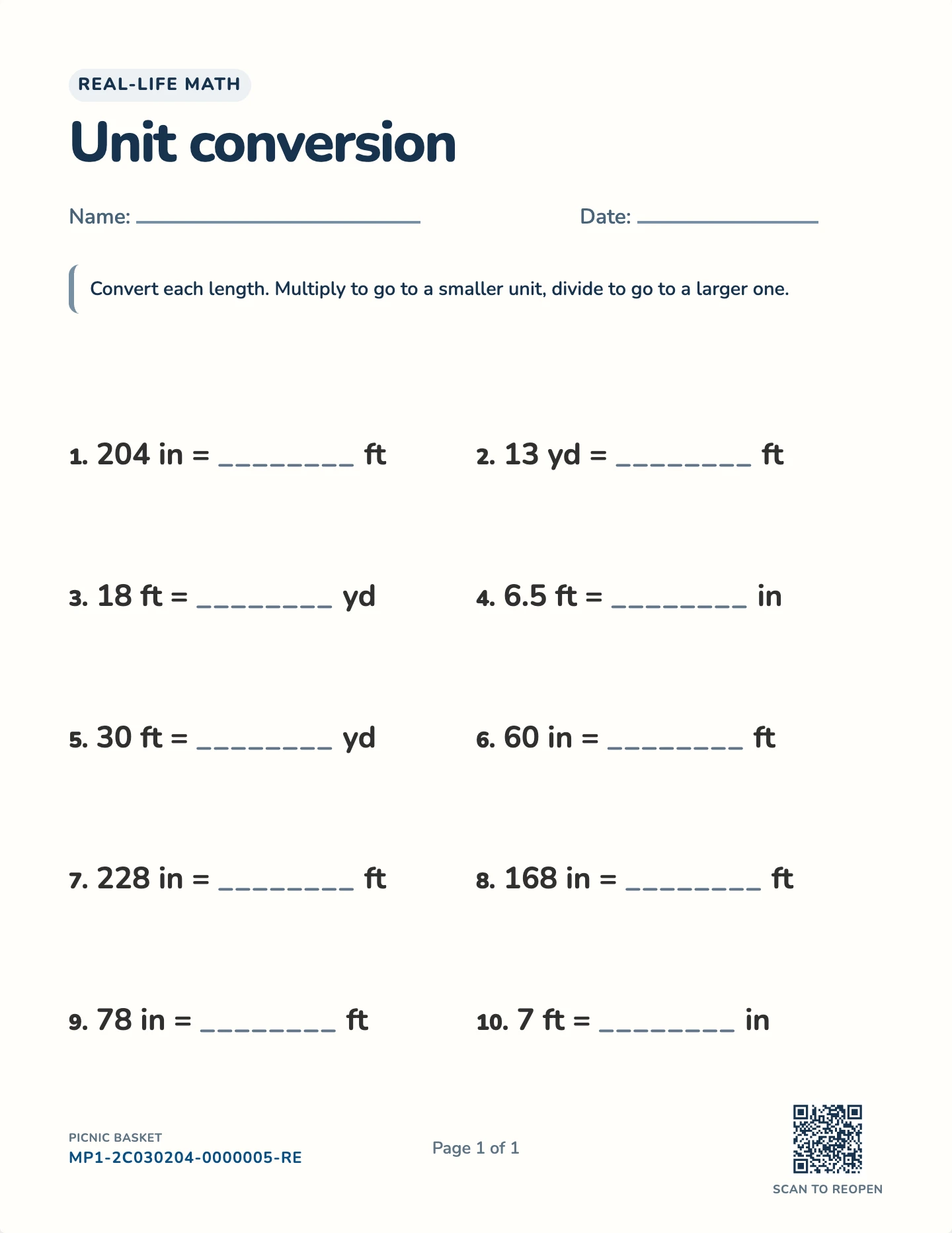 Customary unit conversion worksheet — in/ft/yd, oz/lb, c/pt/qt/gal, free printable with answer key