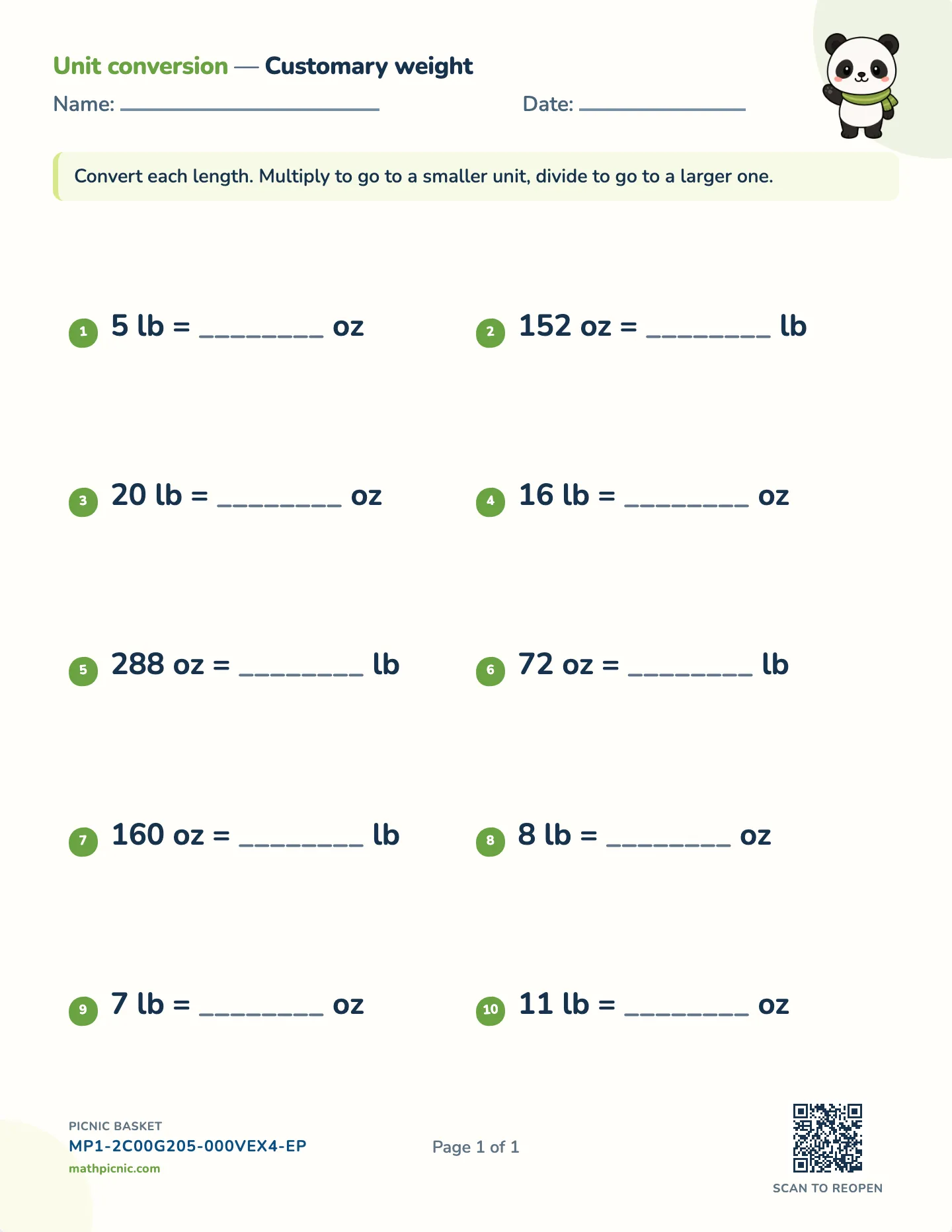 Customary weight conversion worksheet — oz, lb, free printable with answer key
