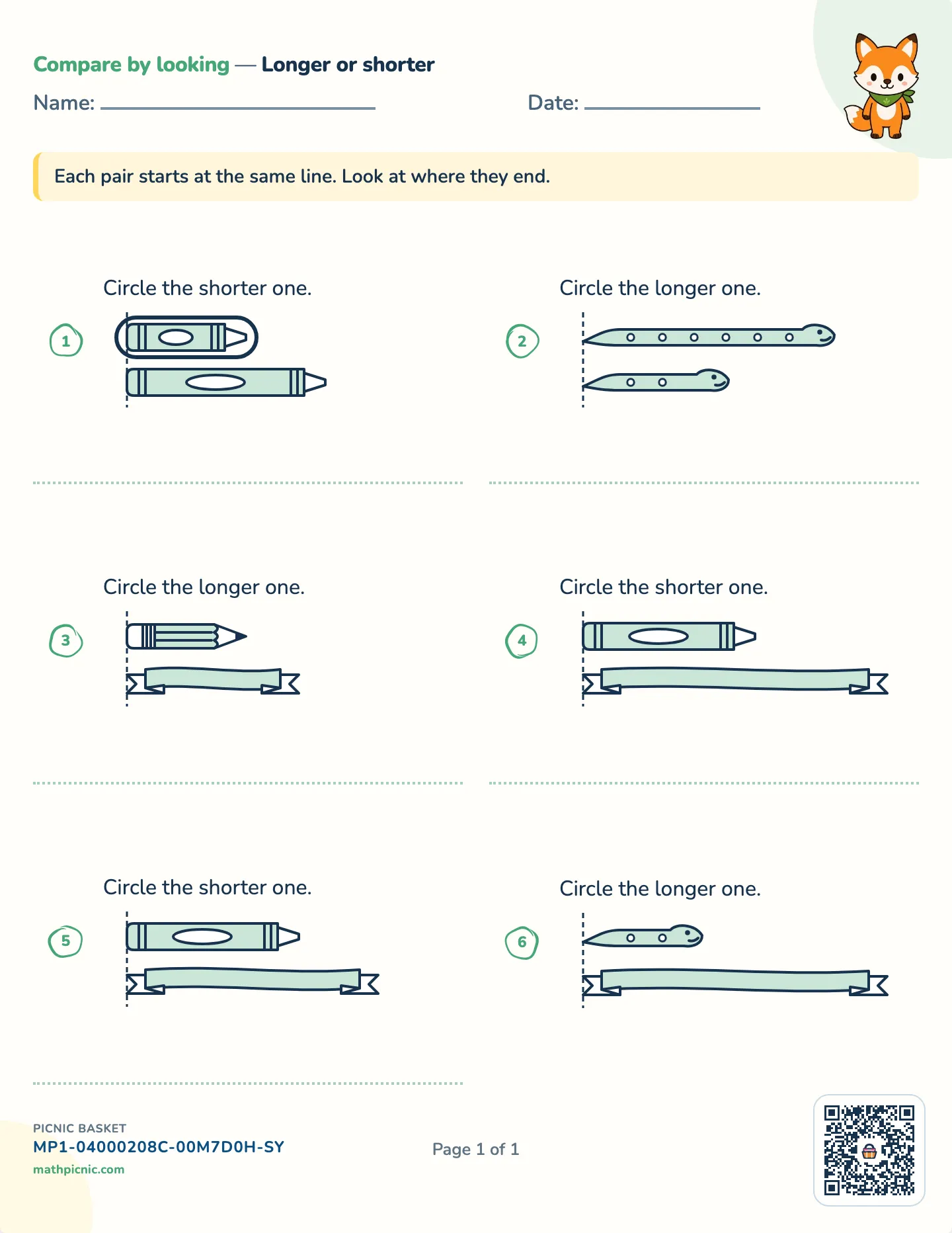Longer or shorter worksheet — Two things, one start line, free printable with answer key