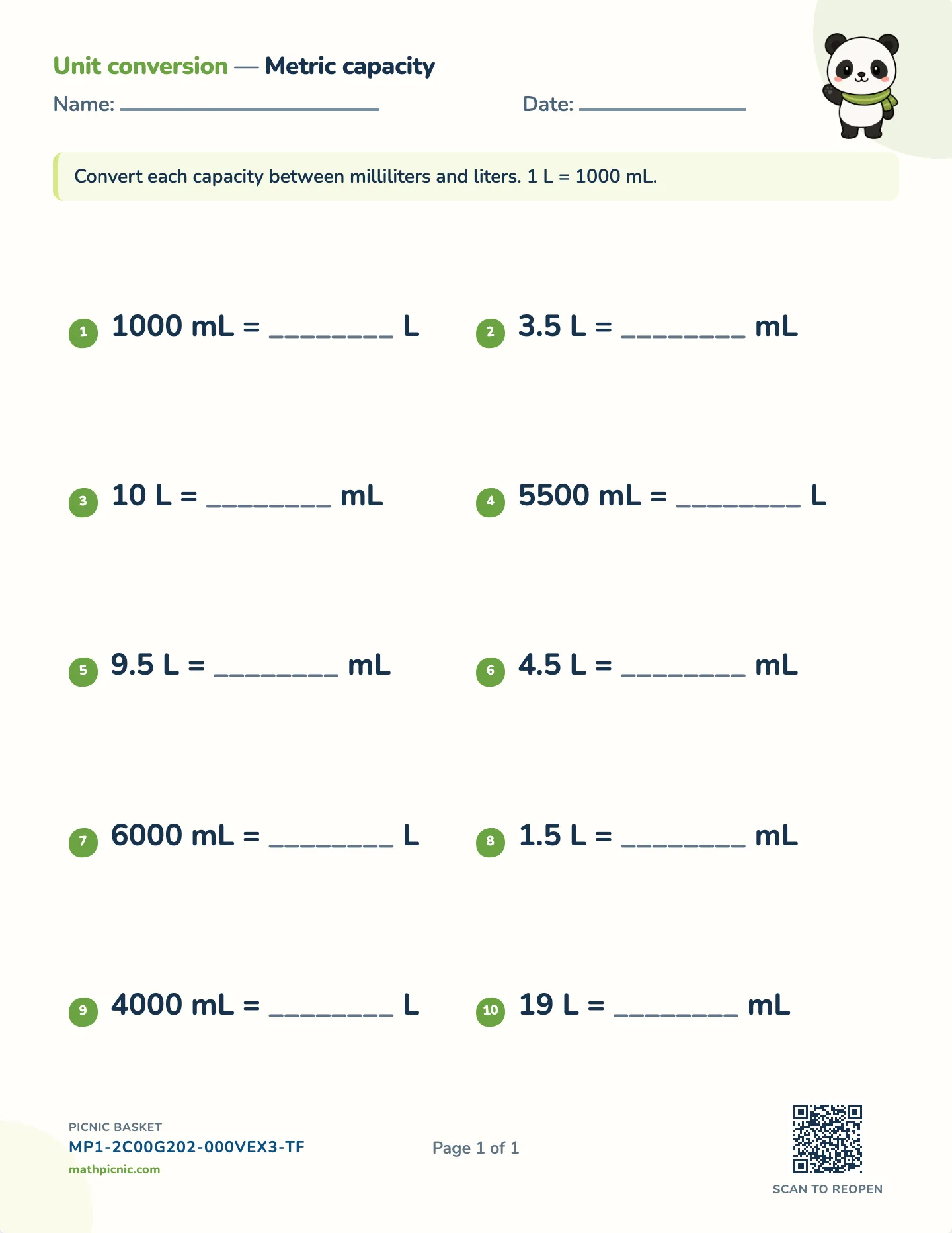 Metric capacity conversion worksheet — mL, L, free printable with answer key