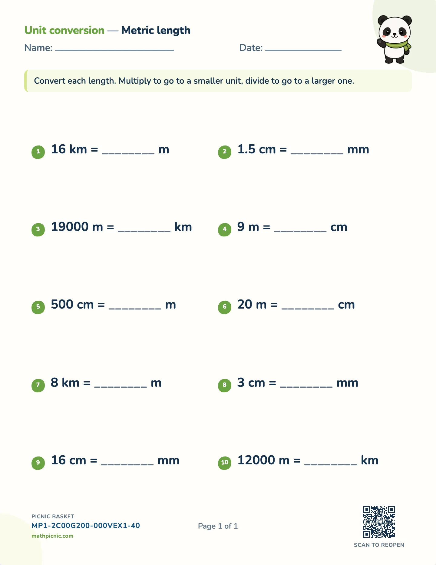 Metric length conversion worksheet — mm, cm, m, km, free printable with answer key