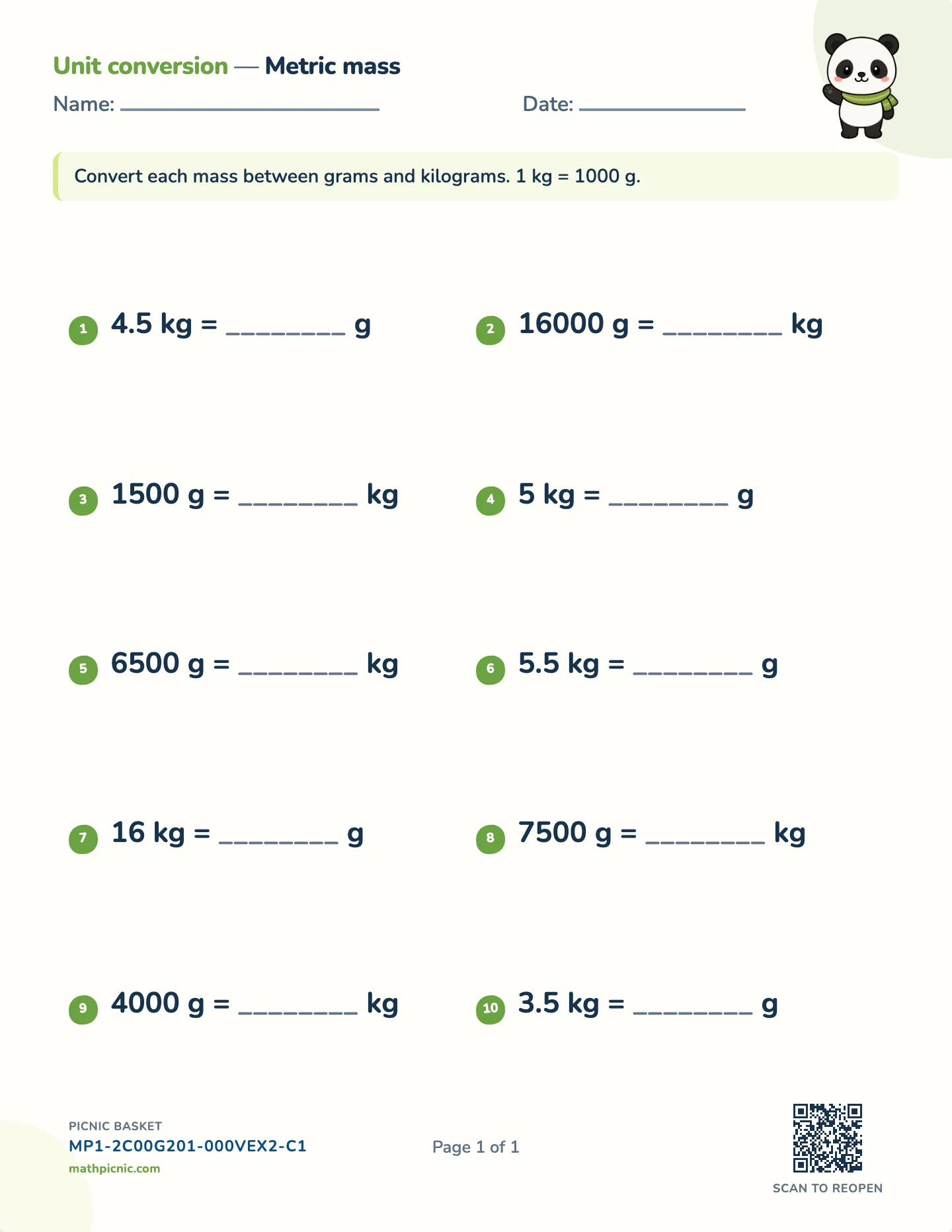 Metric mass conversion worksheet — g, kg, free printable with answer key