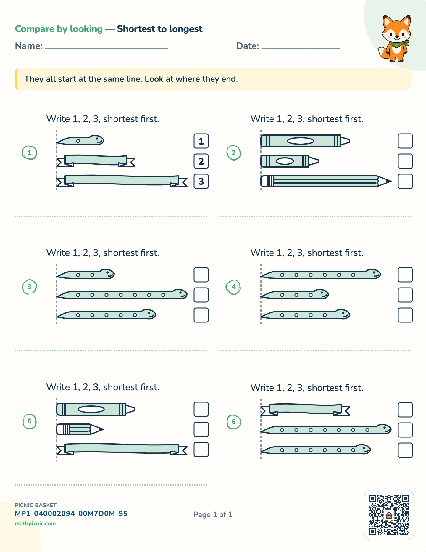 Order by length worksheet — Three things, shortest first, free printable with answer key