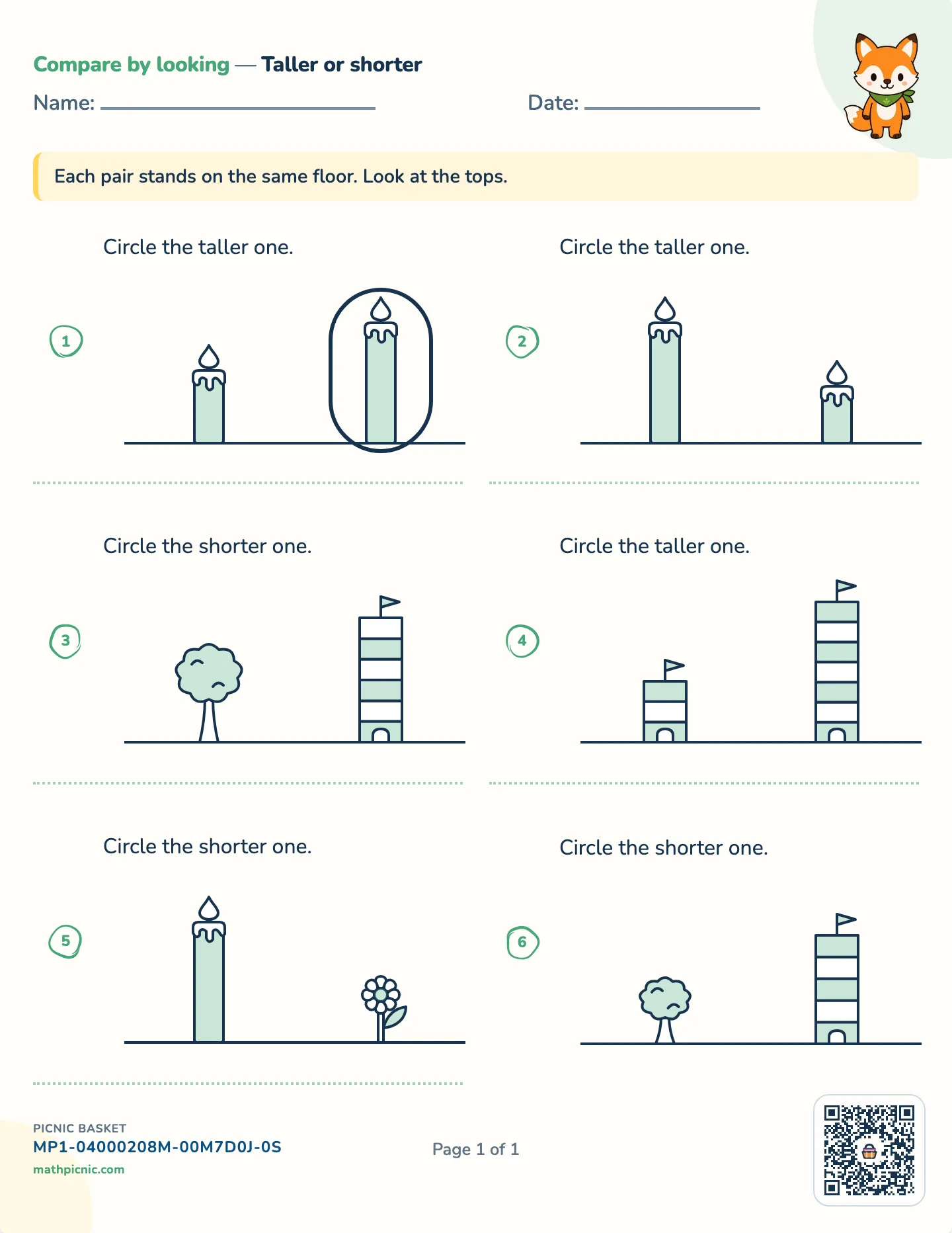 Taller or shorter worksheet — Two things on one floor, free printable with answer key