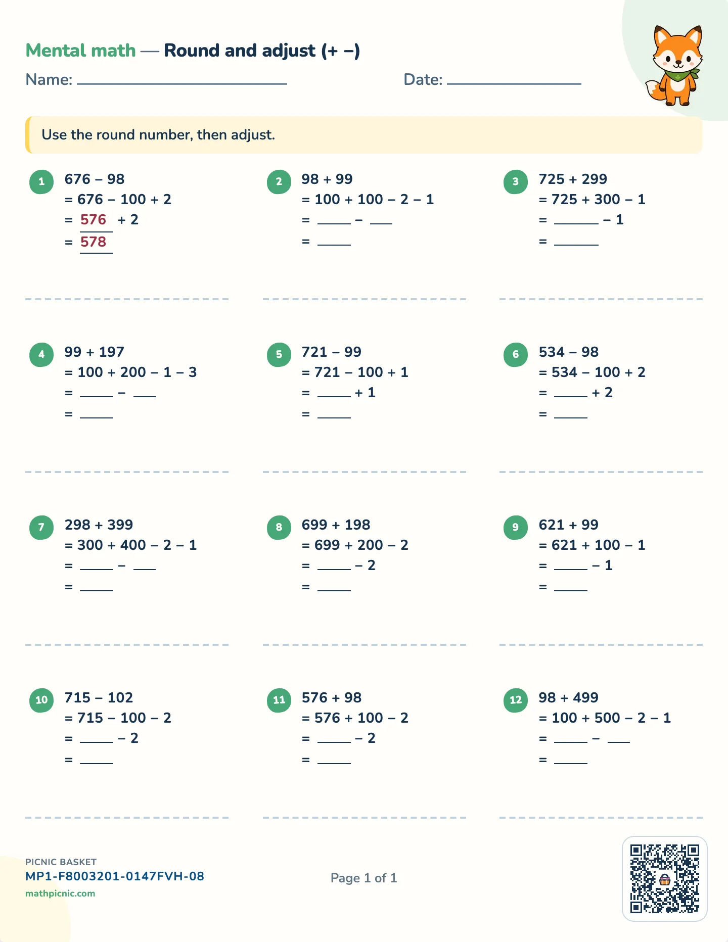 Round and adjust: adding and subtracting worksheet — free printable with answer key