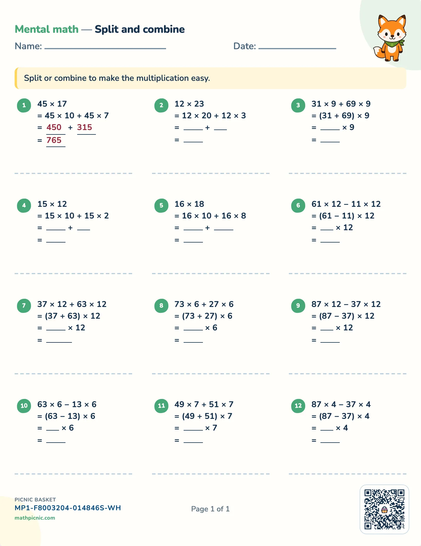 Split and combine to multiply worksheet — free printable with answer key