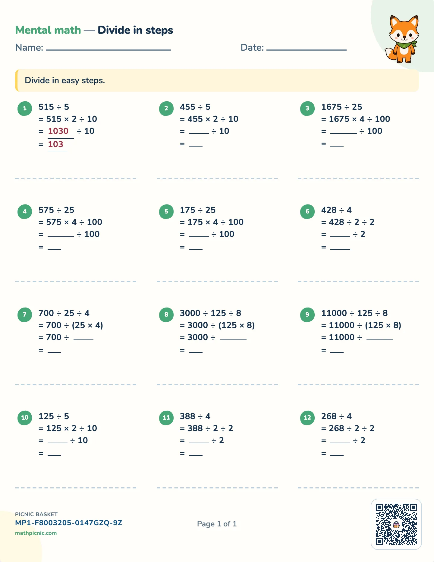 Dividing by 5, 25 and 4 in your head worksheet — free printable with answer key