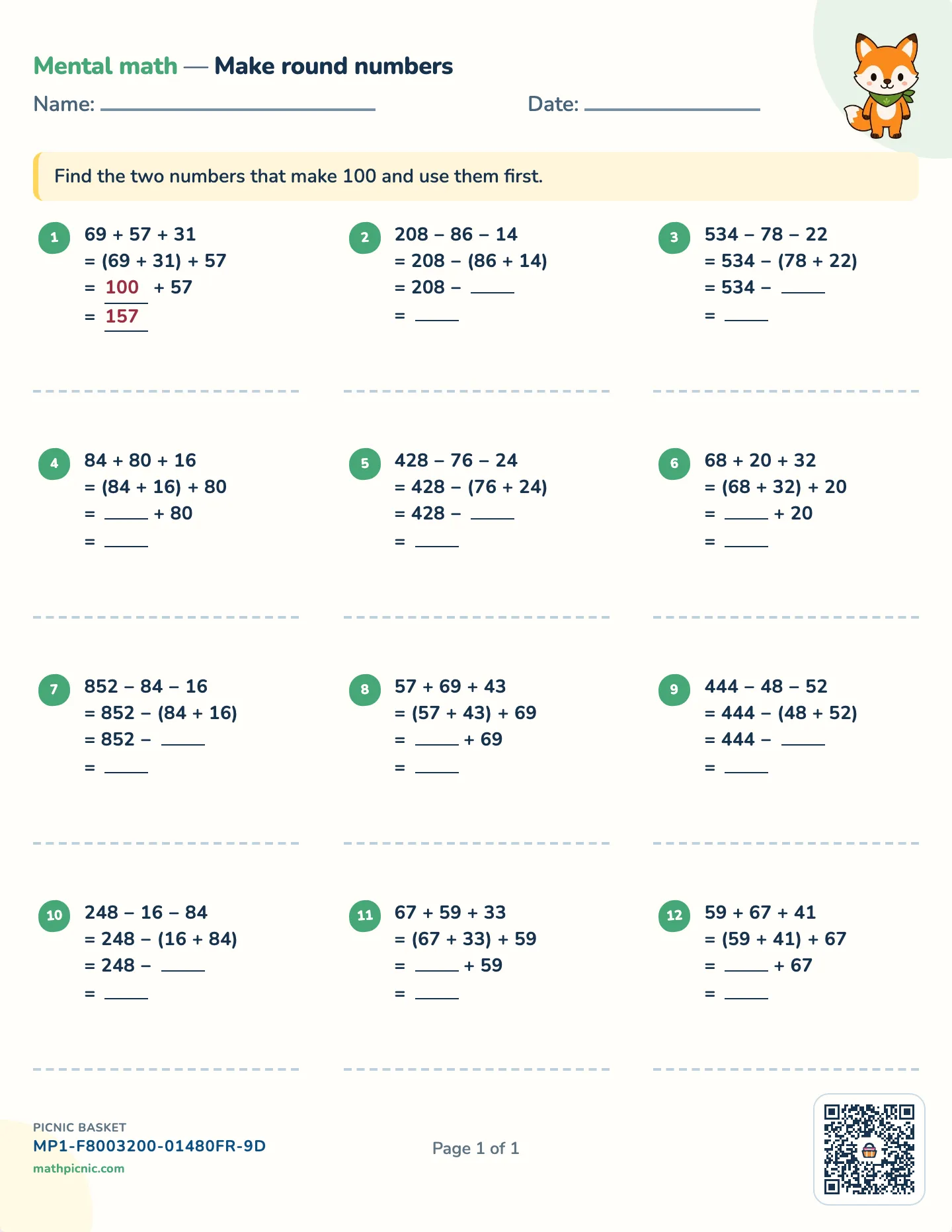 Making 100 to add and subtract worksheet — free printable with answer key