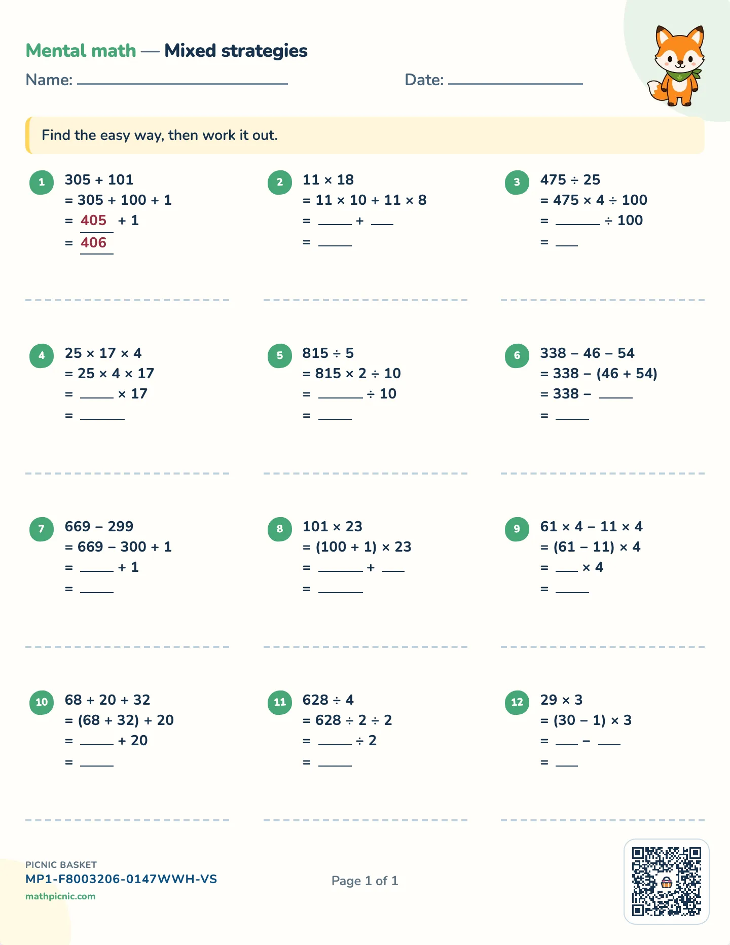 Mental math strategies worksheet — free printable with answer key