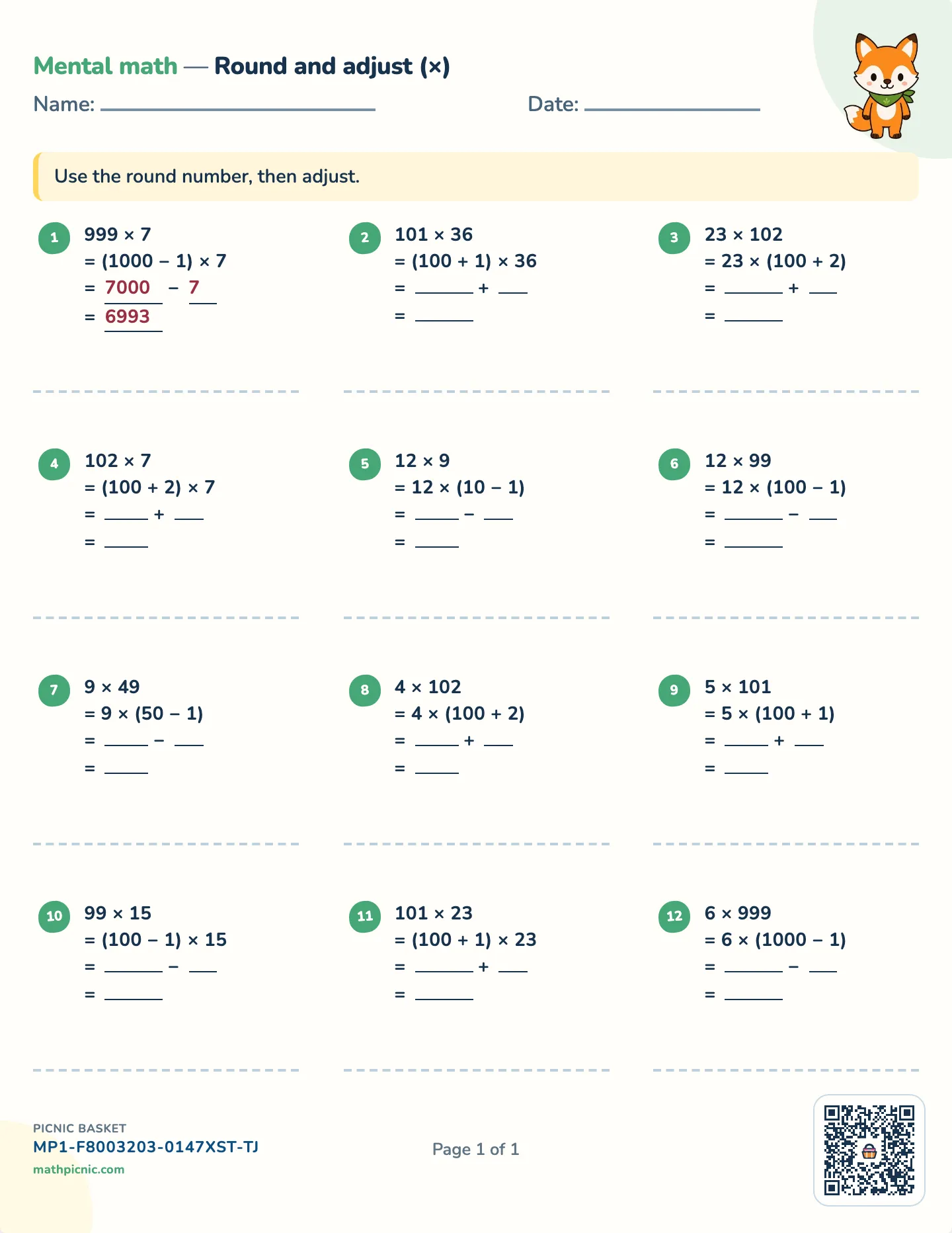 Multiplying by 9, 99 and 101 worksheet — free printable with answer key