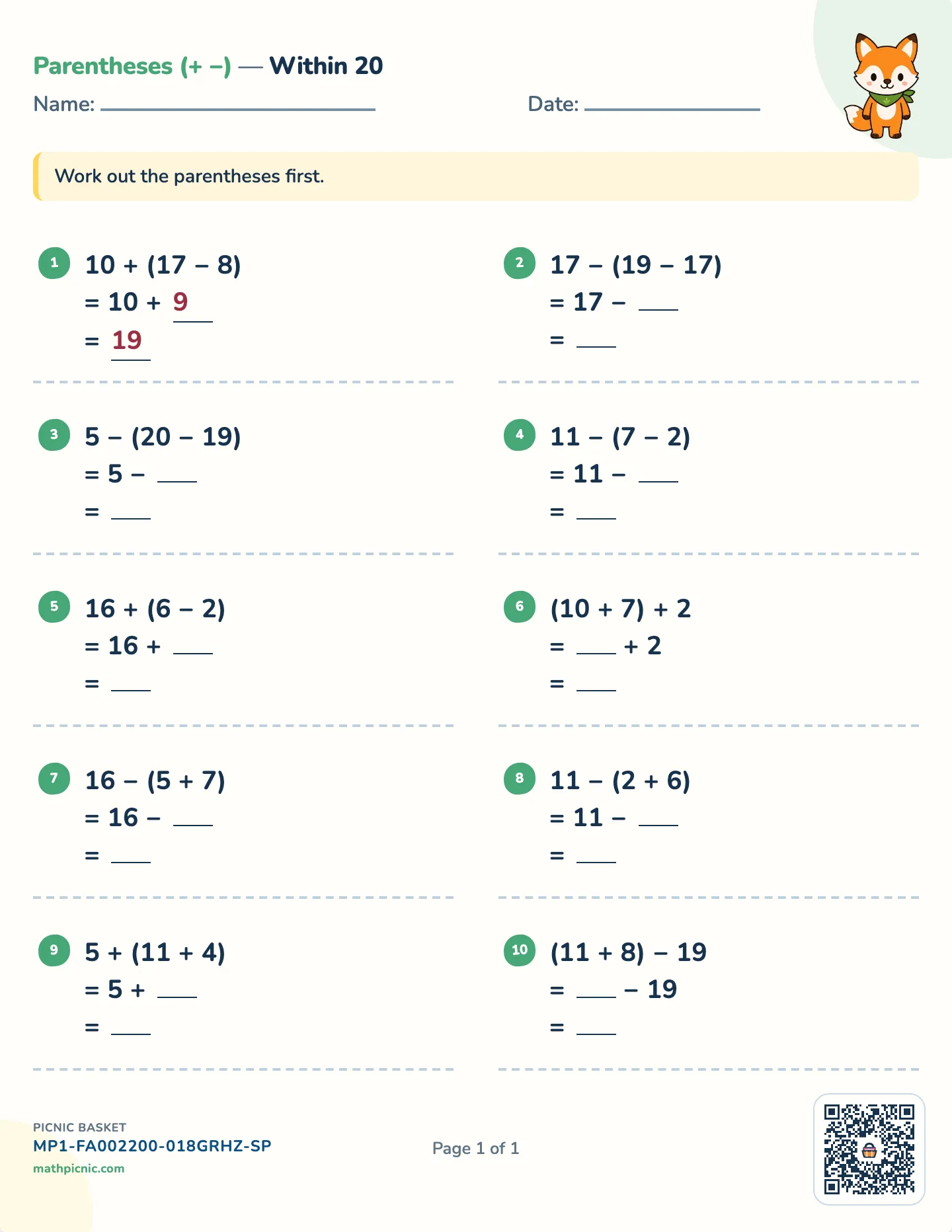 Addition and subtraction with parentheses worksheet — Three numbers, + and − only, free printable with answer key