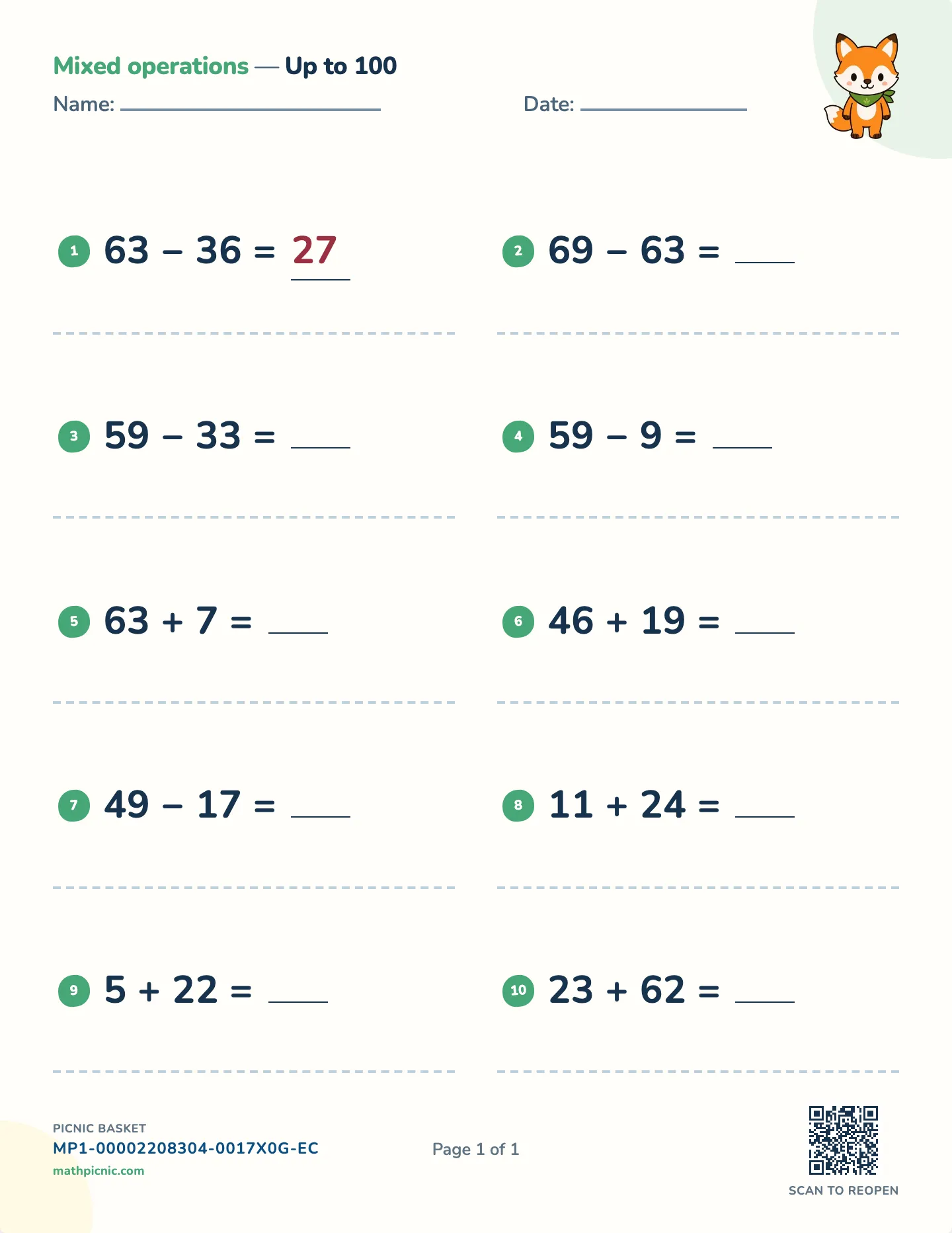 Addition and subtraction within 100 worksheet — Mixed signs to 100, free printable with answer key