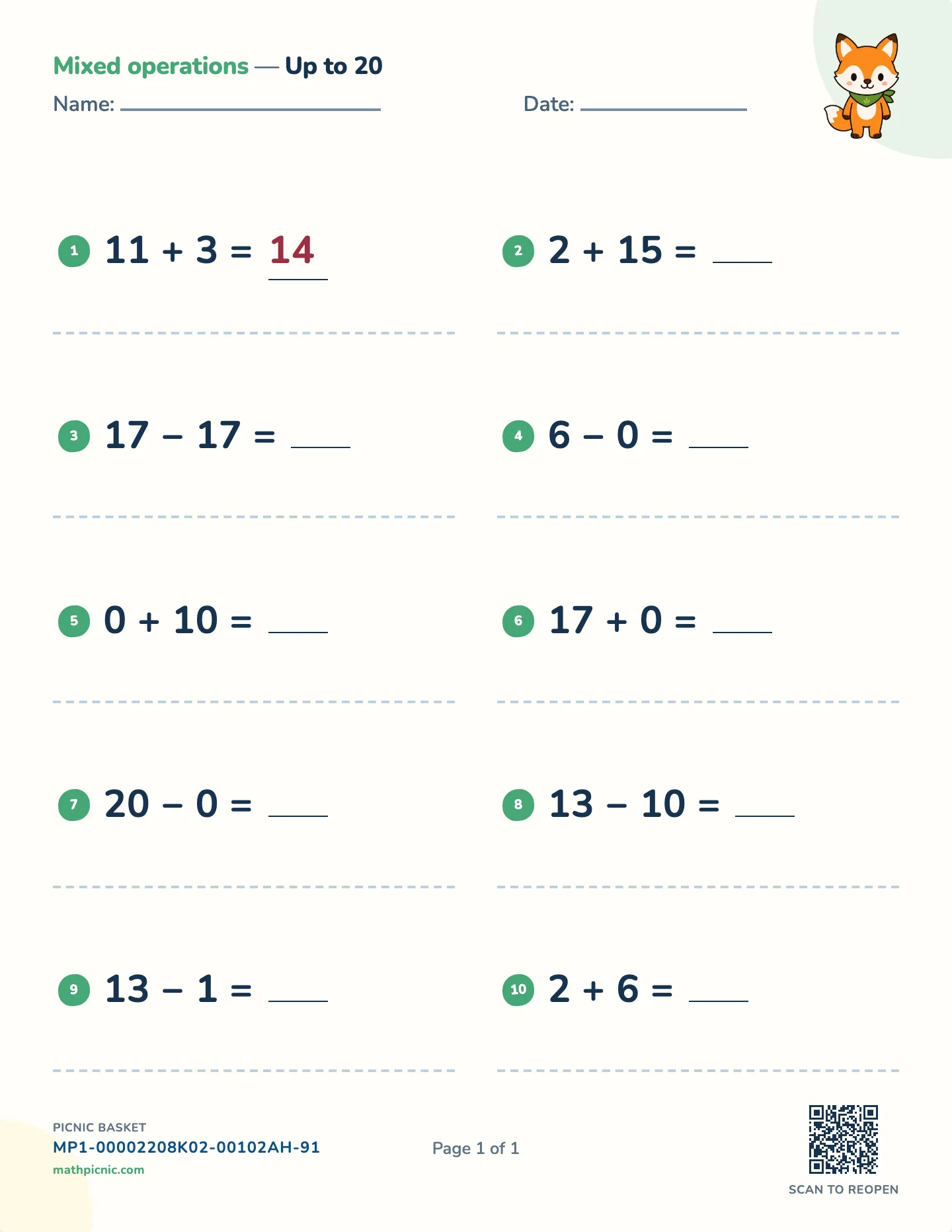 Addition and subtraction within 20 worksheet — Mixed signs to 20, free printable with answer key