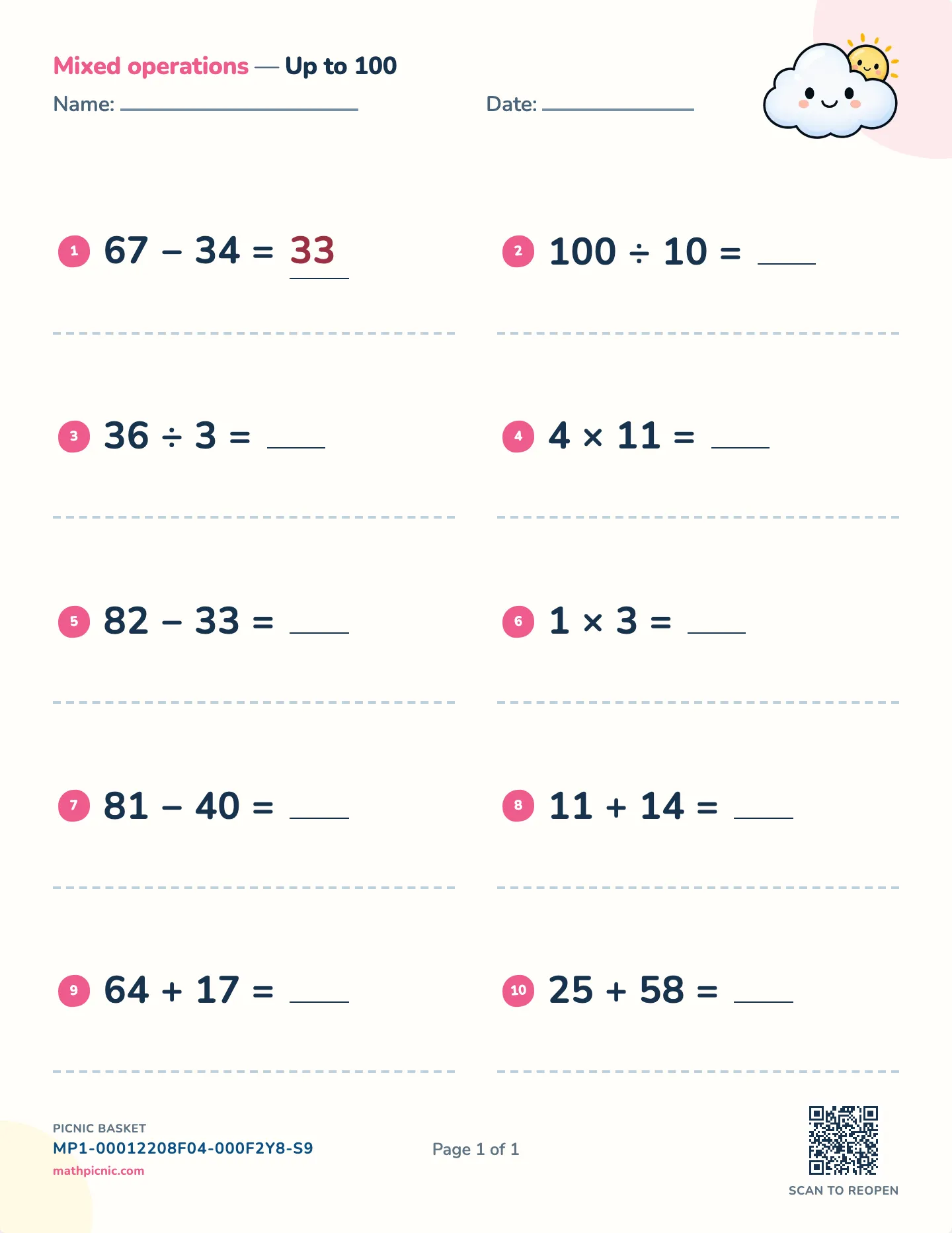 All four operations worksheet — + − × ÷ on one page, free printable with answer key
