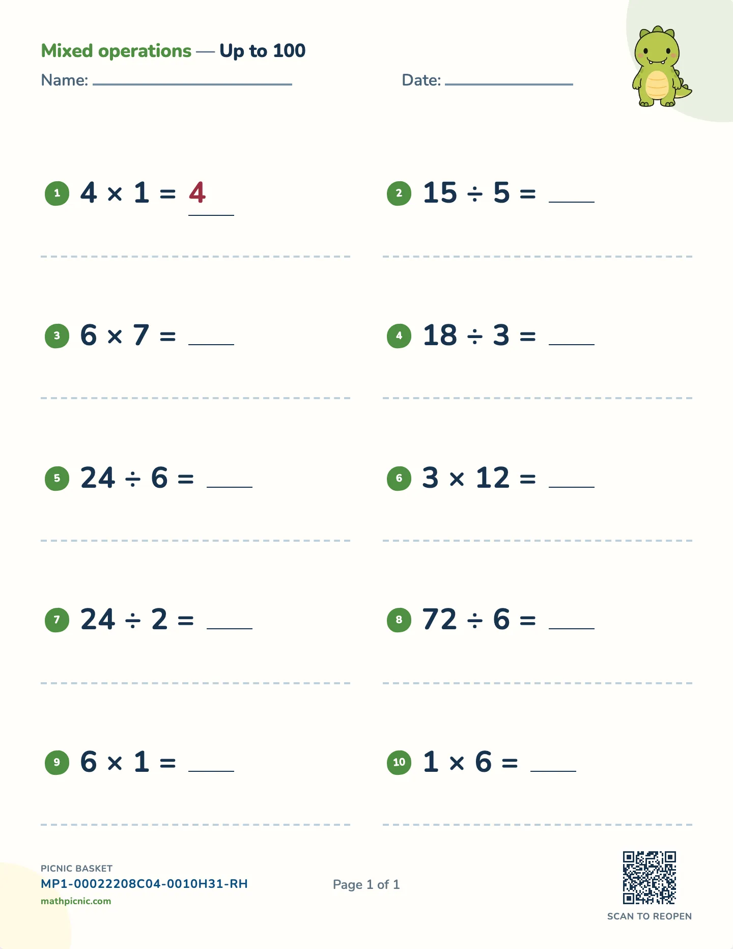 Multiplication and division facts worksheet — Mixed × and ÷ facts, free printable with answer key