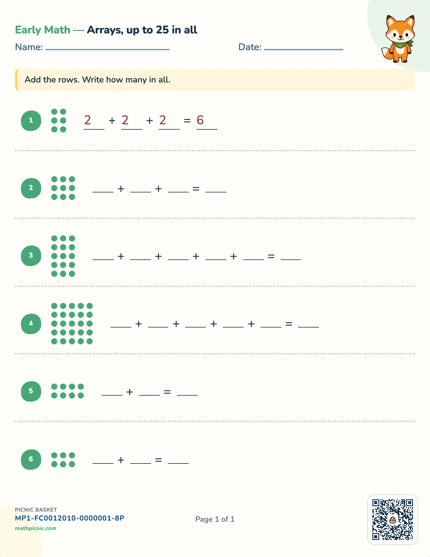 Equal groups and arrays worksheet — Up to 5 rows of 5, free printable with answer key