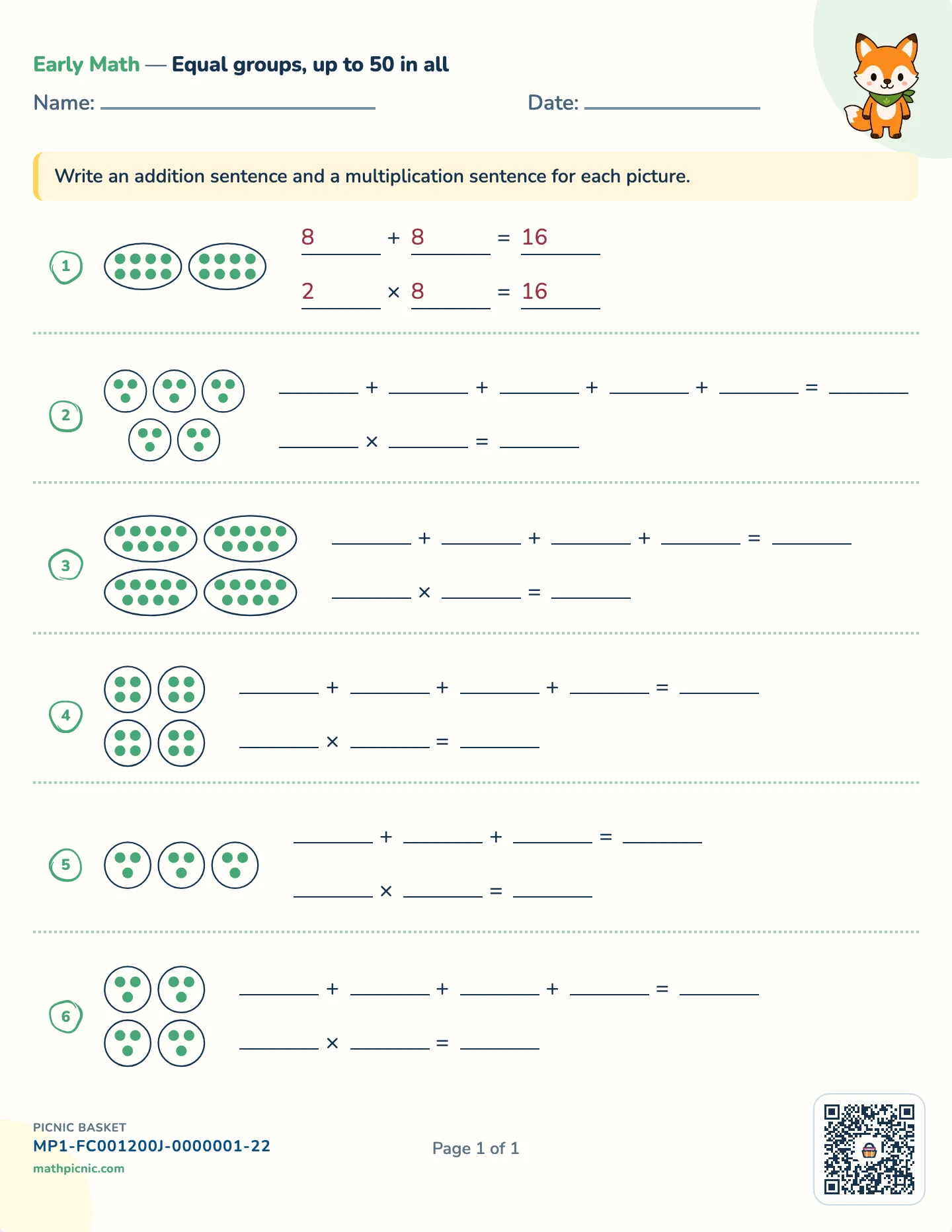Equal groups multiplication worksheet — Up to 5 groups of 10, free printable with answer key