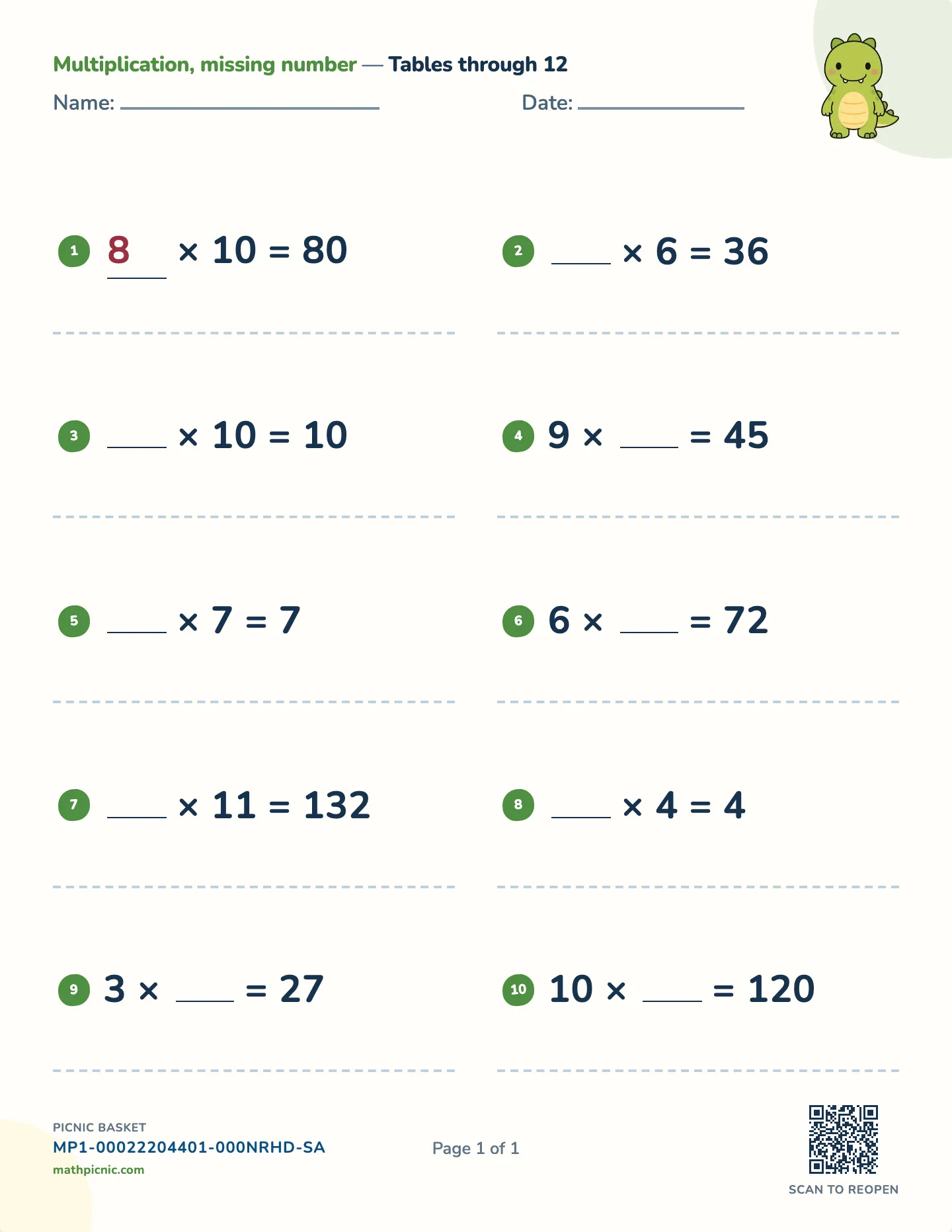 Missing factors worksheet — Factors to 12, free printable with answer key