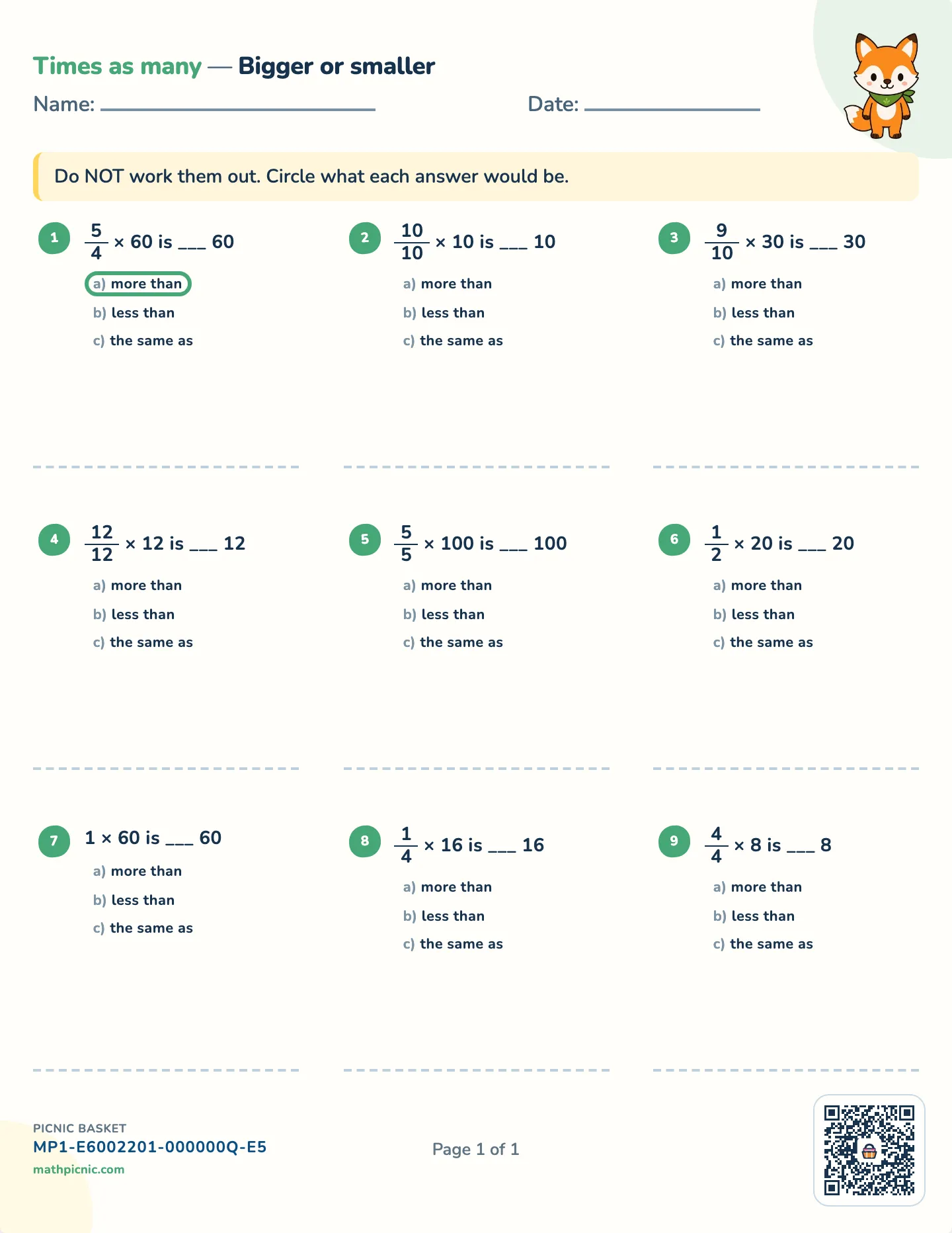 Multiplication as scaling worksheet — Whole and fractional factors, free printable with answer key