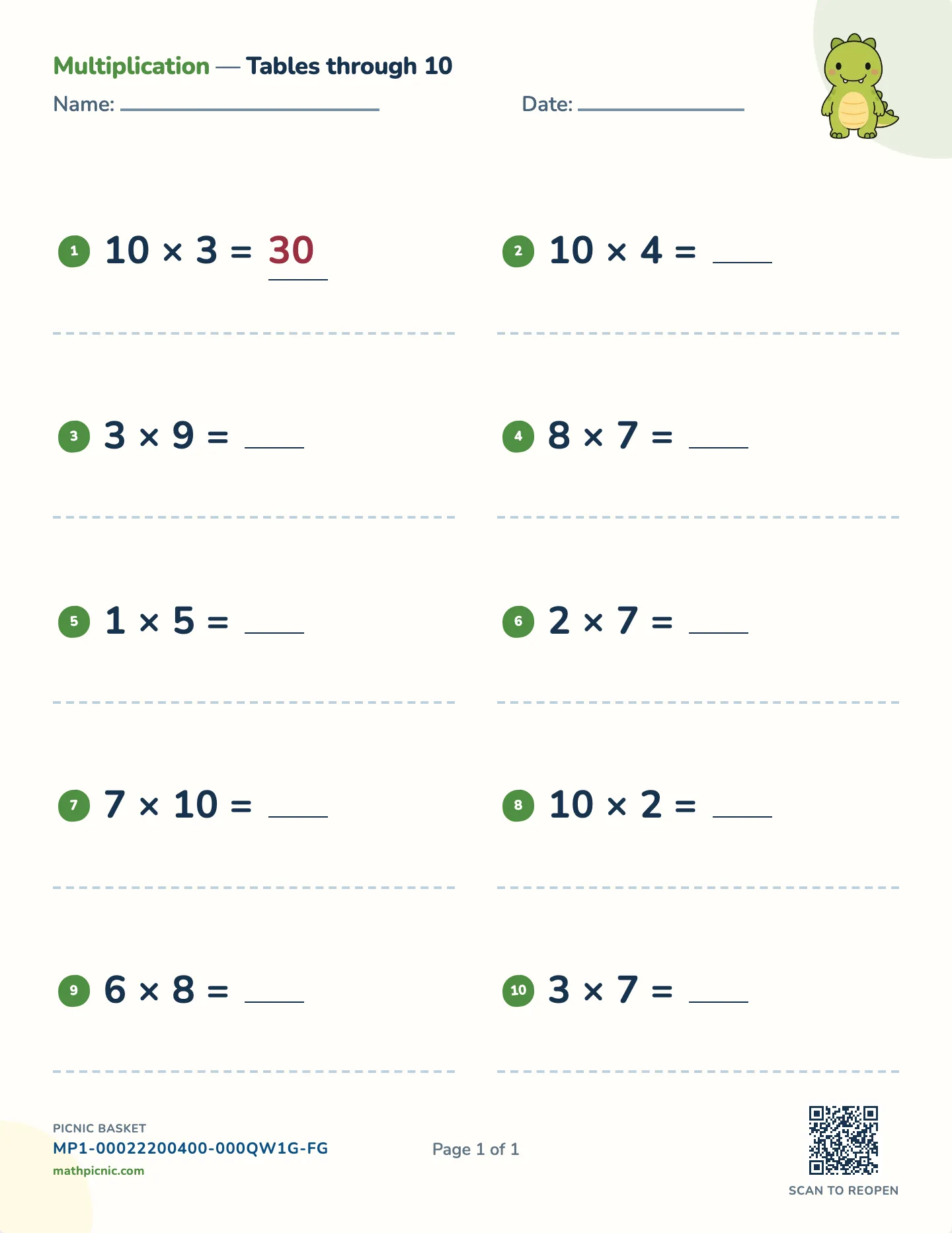 Multiplication facts worksheet — Facts through 10 × 10, free printable with answer key