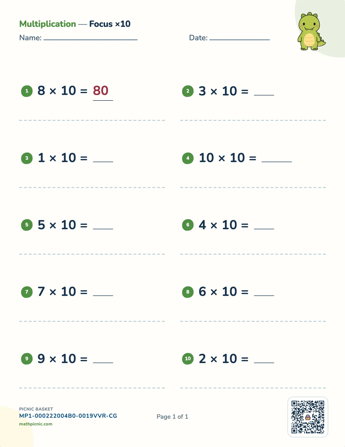 Multiplication by 10 worksheet — 10 × 1 to 10 × 10, free printable with answer key