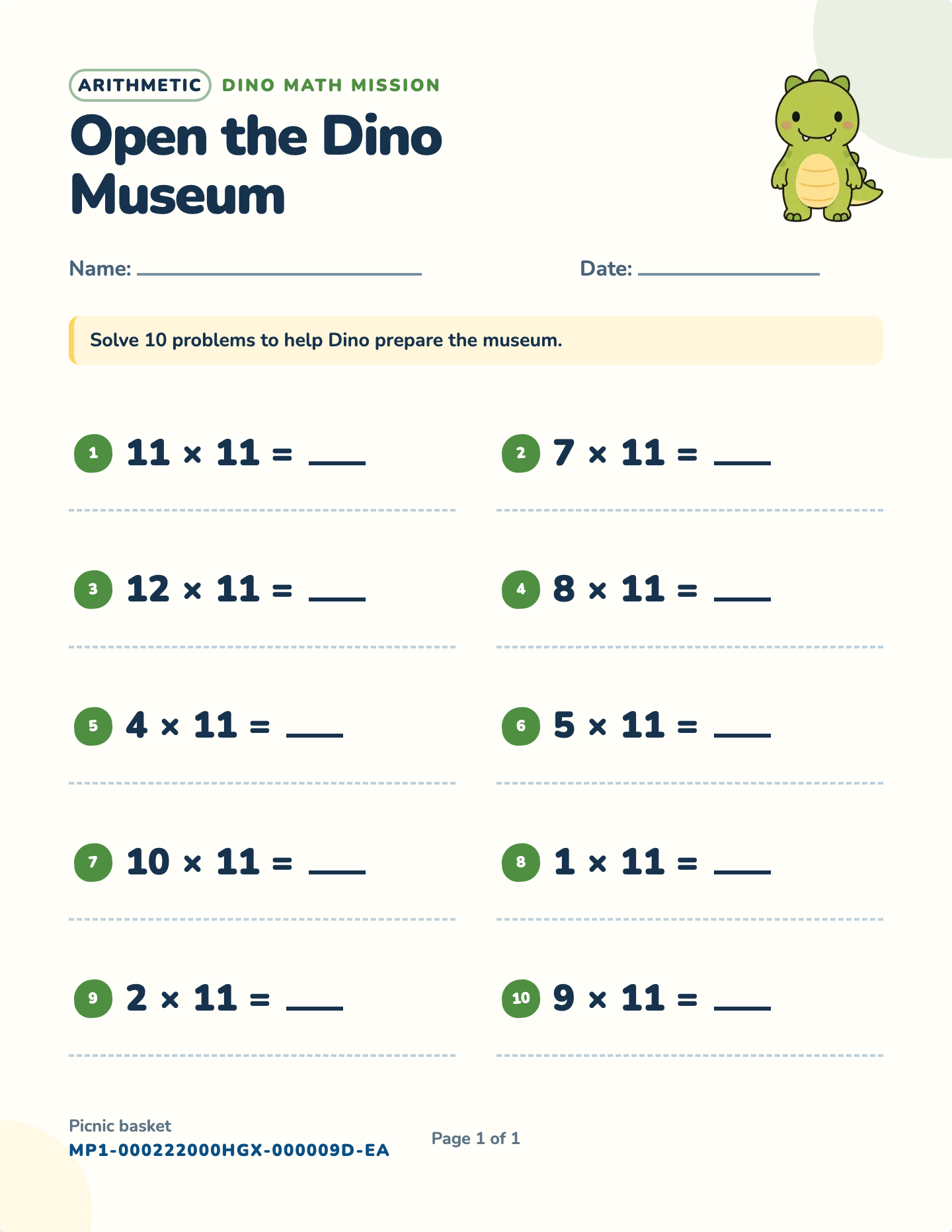 Multiplication by 11 worksheet — 11 × 1 to 11 × 12, free printable with answer key