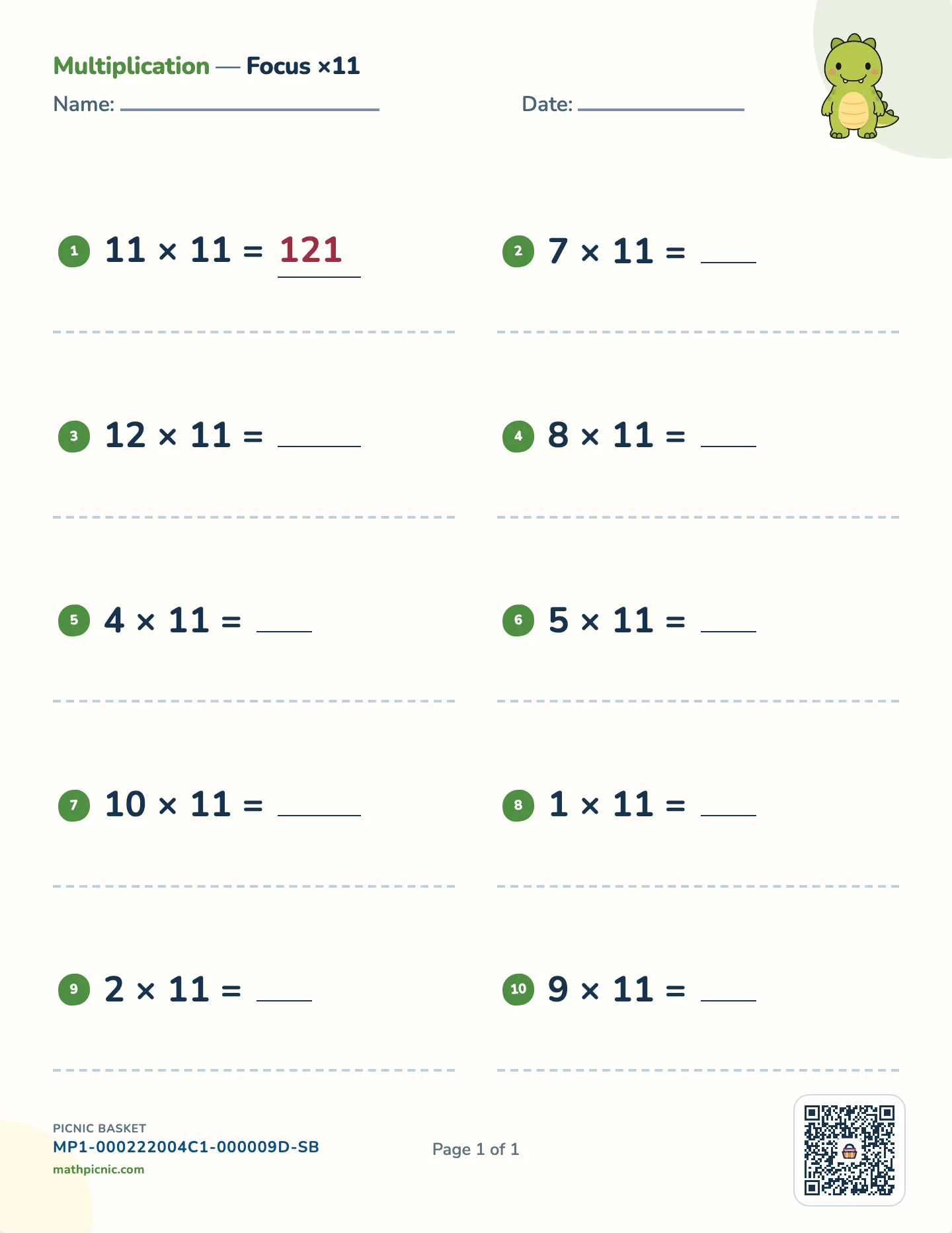 Multiplication by 11 worksheet — 11 × 1 to 11 × 12, free printable with answer key