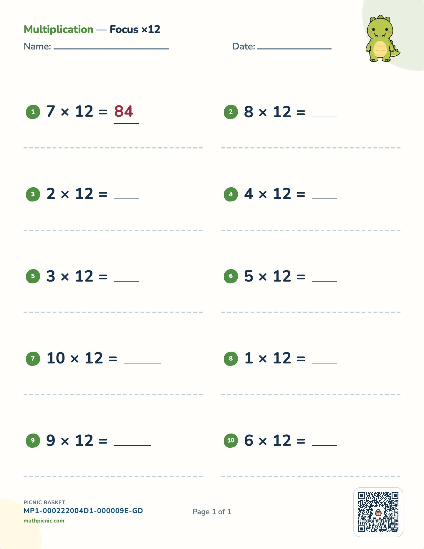 Multiplication by 12 worksheet — 12 × 1 to 12 × 12, free printable with answer key