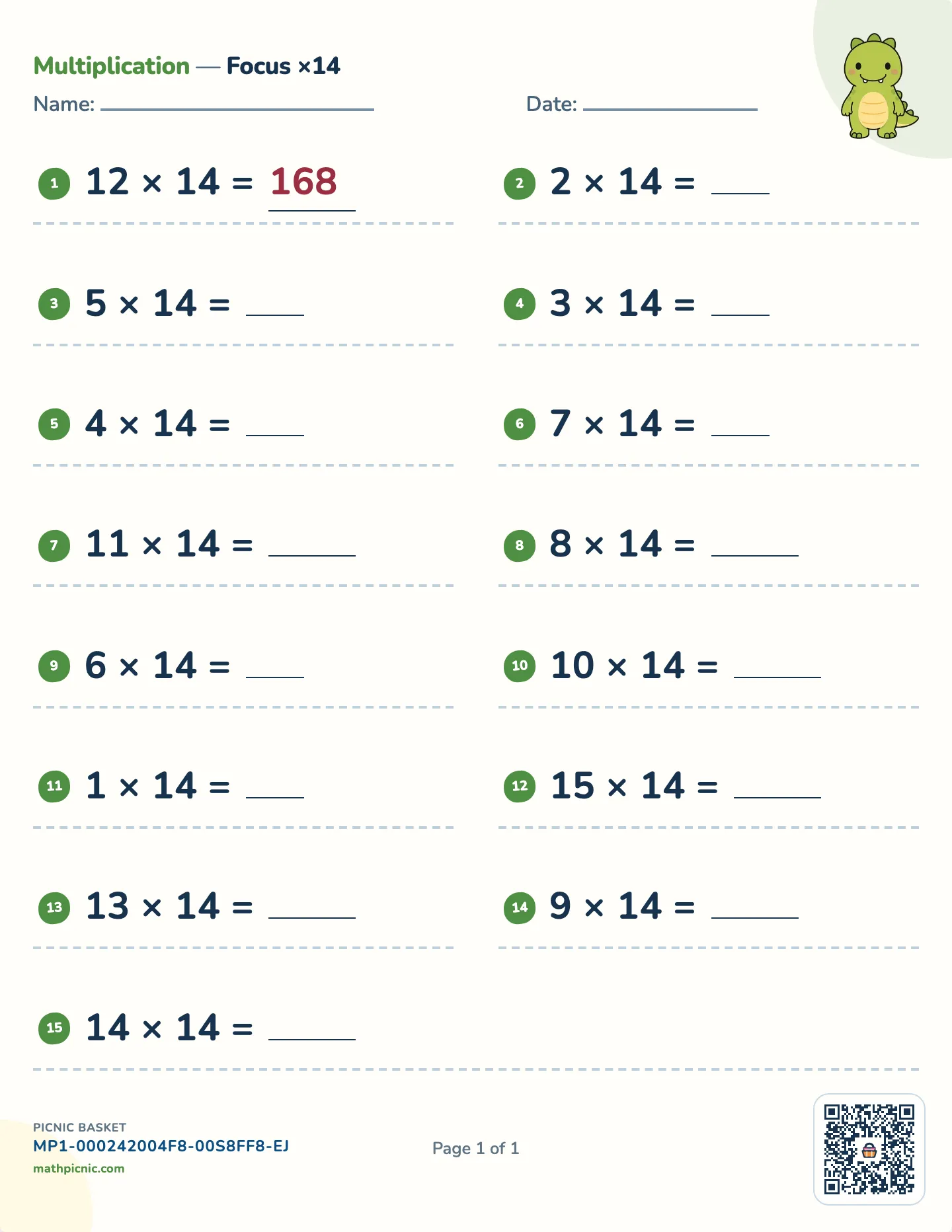 Multiplication by 14 worksheet — 14 × 1 to 14 × 15, free printable with answer key