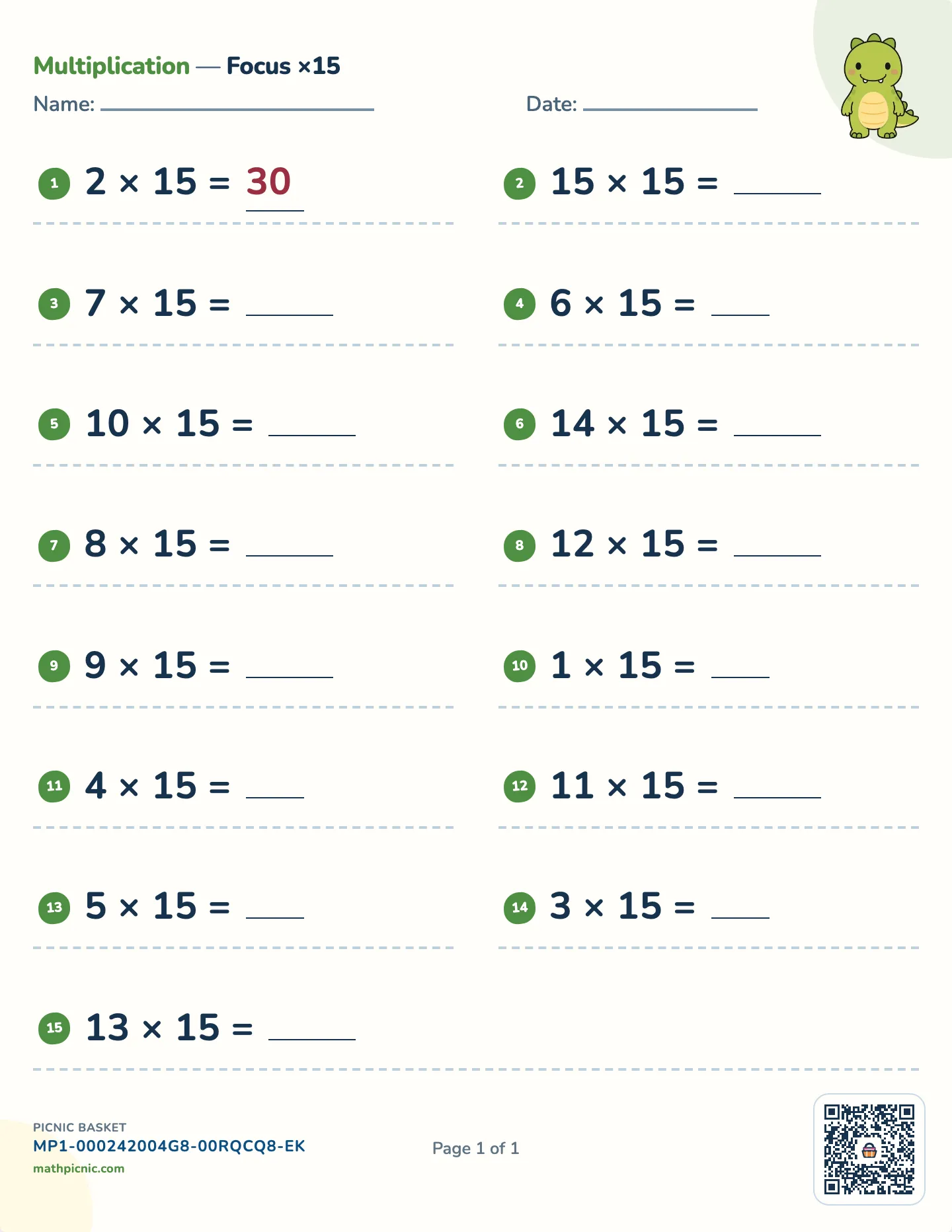 Multiplication by 15 worksheet — 15 × 1 to 15 × 15, free printable with answer key