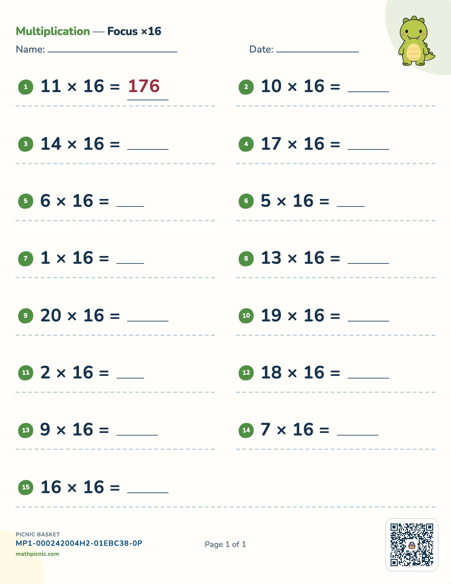 Multiplication by 16 worksheet — 16 × 1 to 16 × 20, free printable with answer key