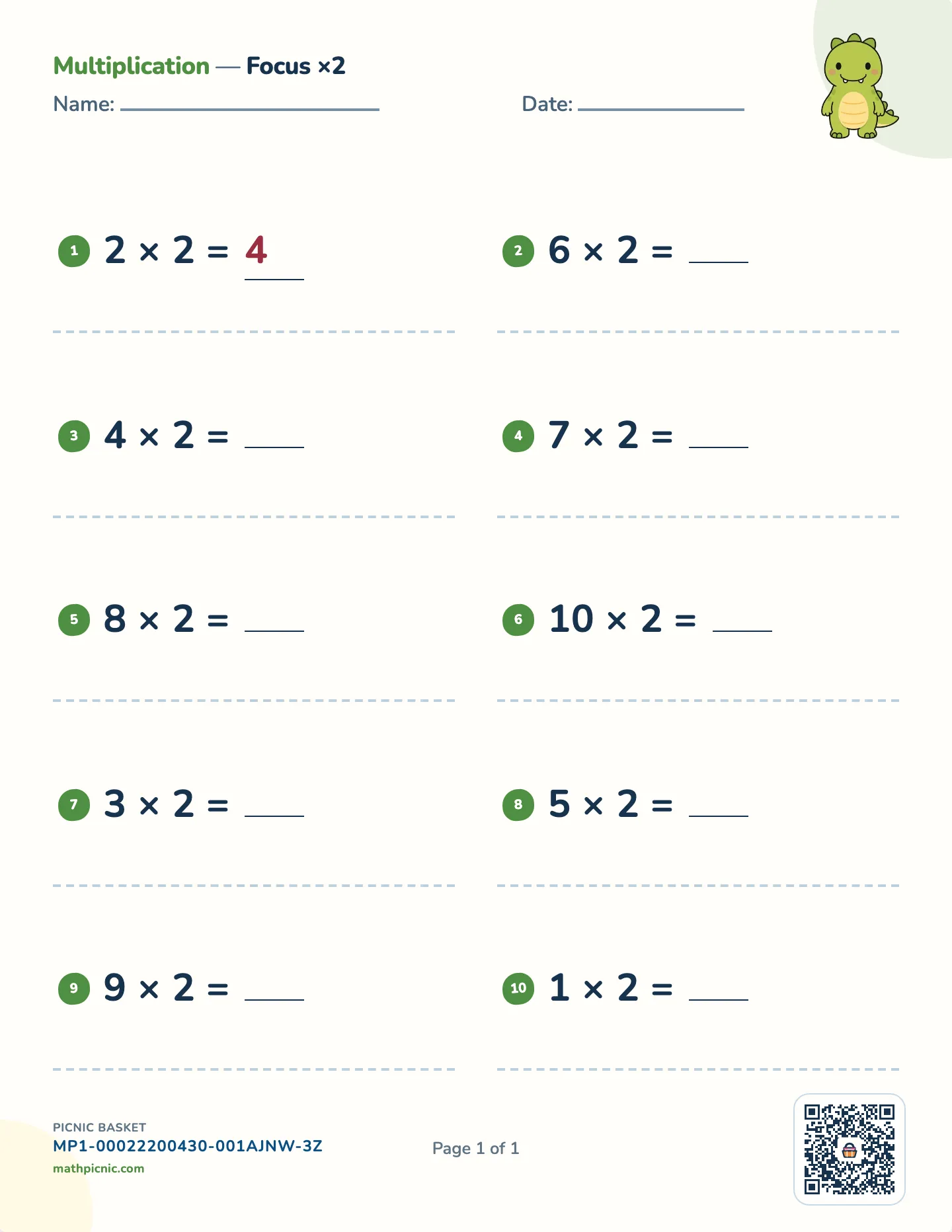 Multiplication by 2 worksheet — 2 × 1 to 2 × 10, free printable with answer key