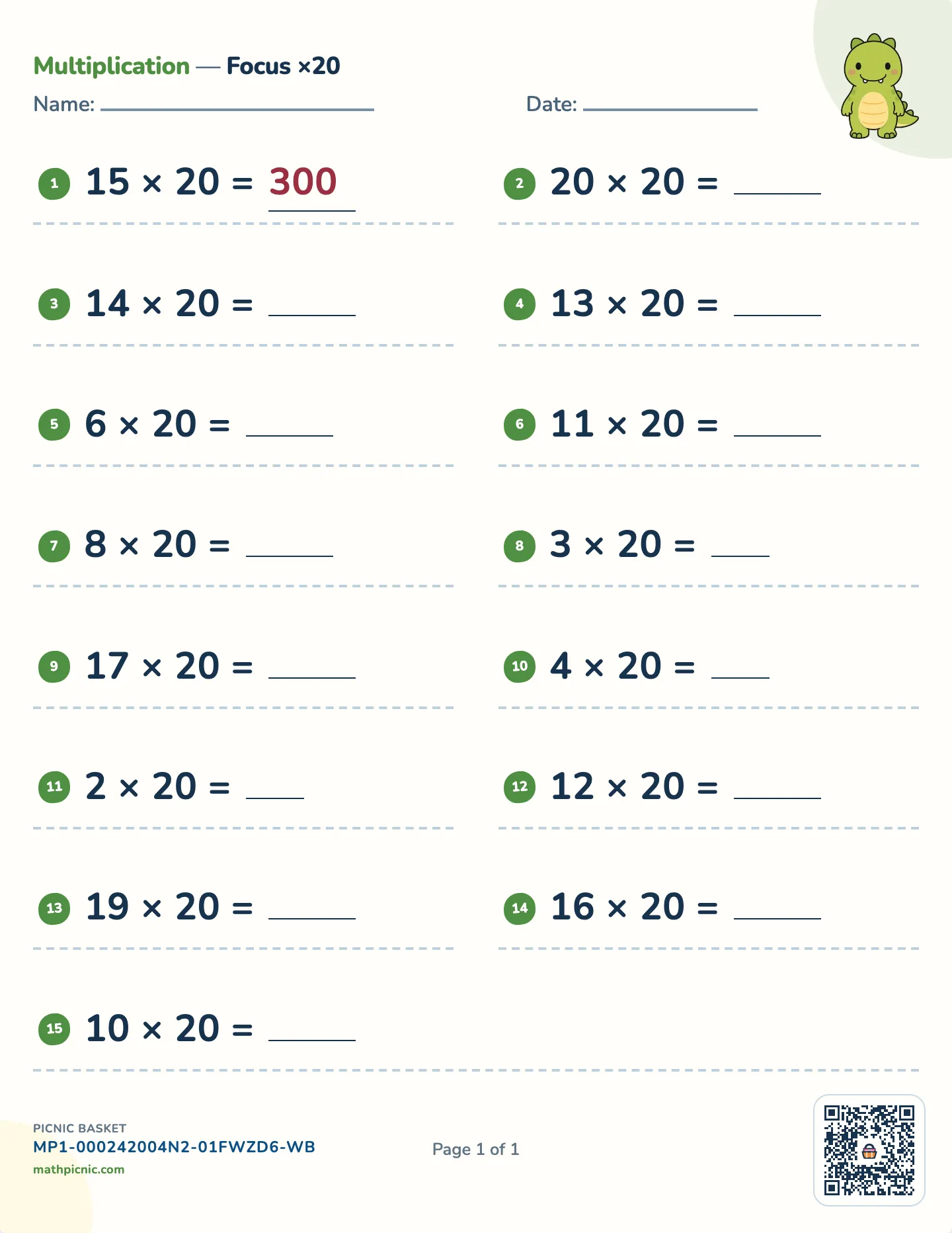 Multiplication by 20 worksheet — 20 × 1 to 20 × 20, free printable with answer key