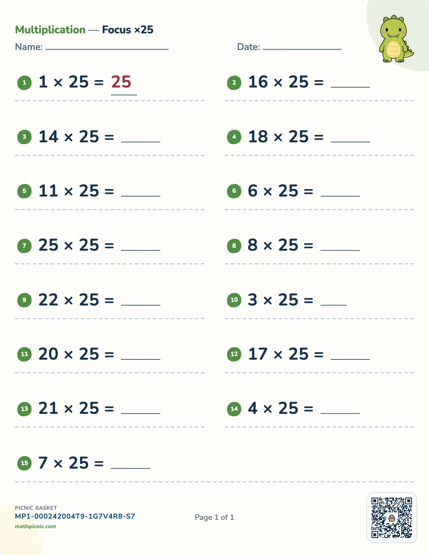 Multiplication by 25 worksheet — 25 × 1 to 25 × 25, free printable with answer key