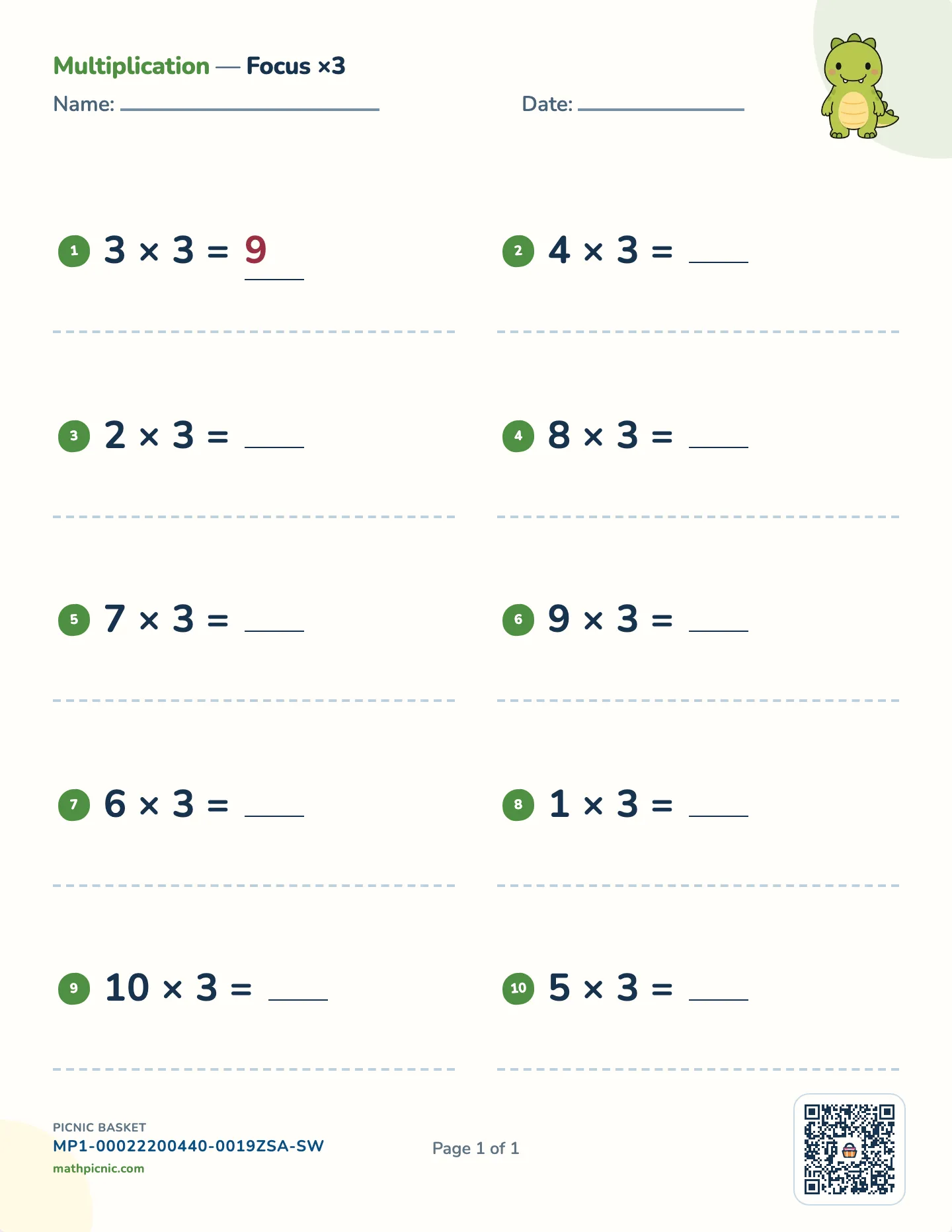 Multiplication by 3 worksheet — 3 × 1 to 3 × 10, free printable with answer key