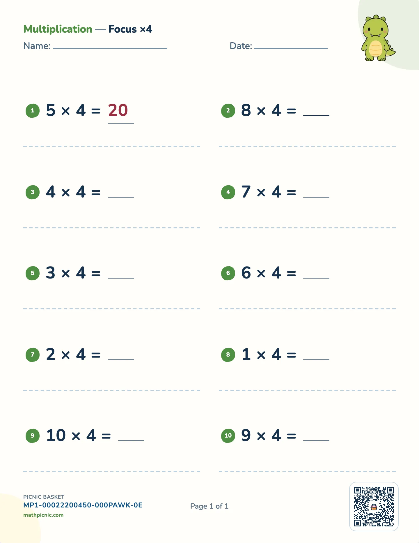 Multiplication by 4 worksheet — 4 × 1 to 4 × 10, free printable with answer key