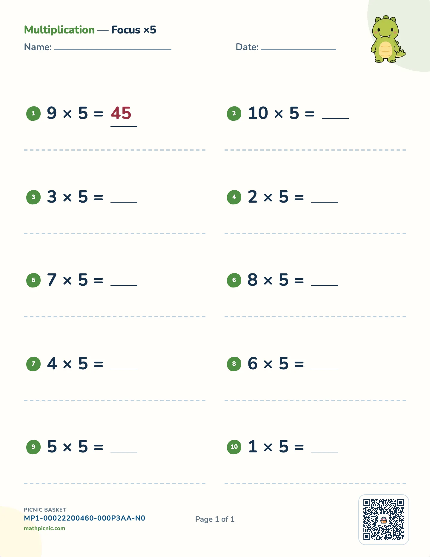 Multiplication by 5 worksheet — 5 × 1 to 5 × 10, free printable with answer key