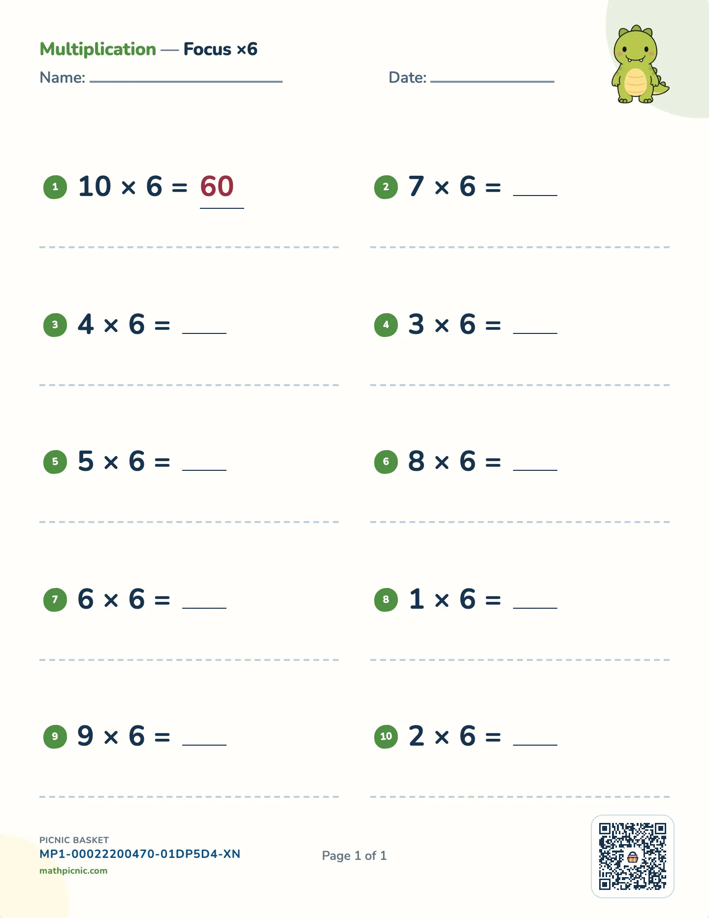 Multiplication by 6 worksheet — 6 × 1 to 6 × 10, free printable with answer key