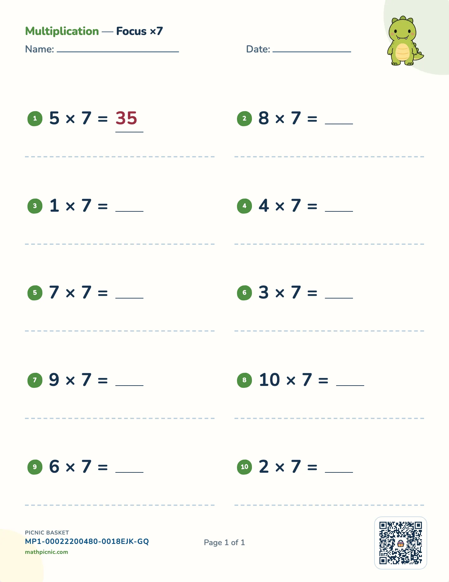 Multiplication by 7 worksheet — 7 × 1 to 7 × 10, free printable with answer key
