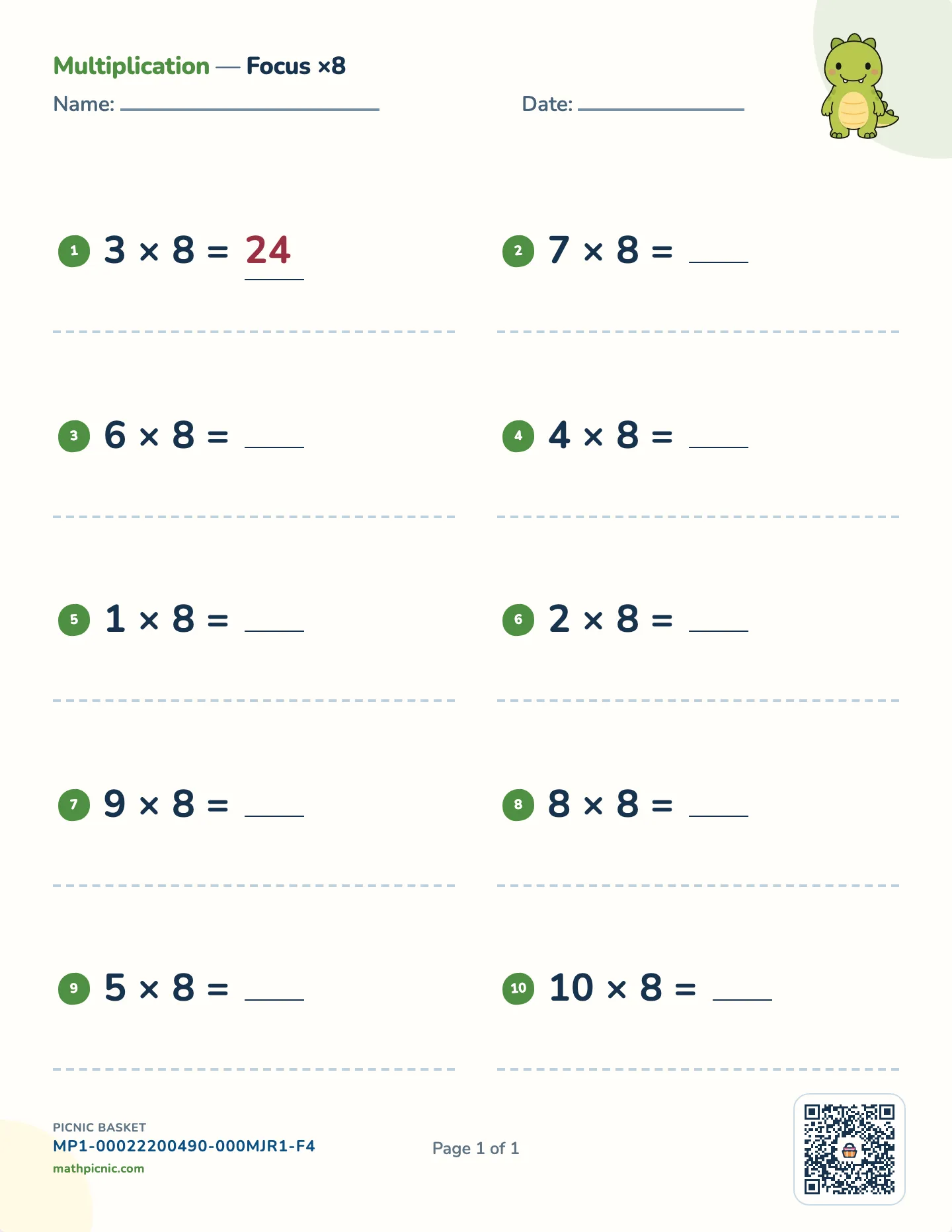 Multiplication by 8 worksheet — 8 × 1 to 8 × 10, free printable with answer key