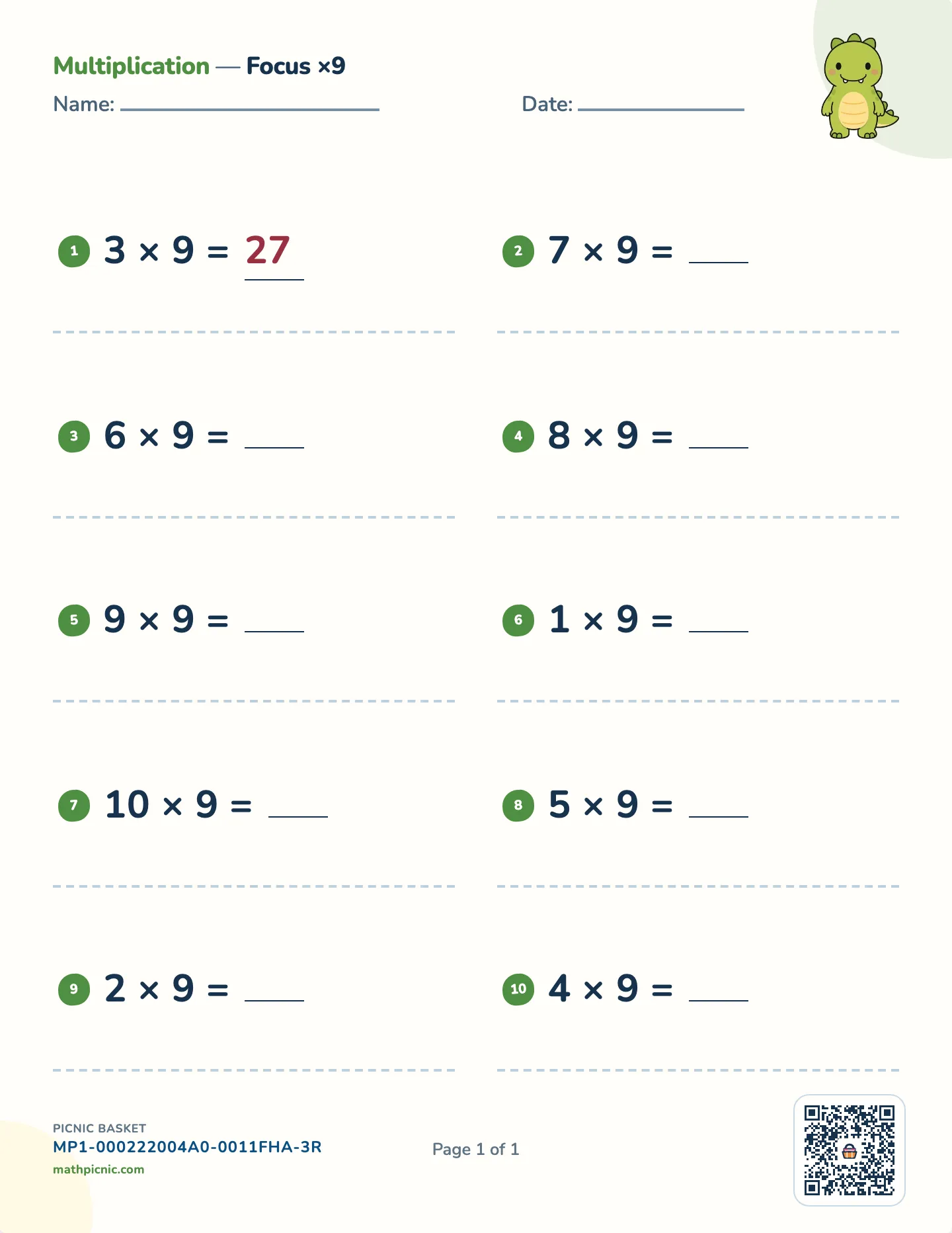 Multiplication by 9 worksheet — 9 × 1 to 9 × 10, free printable with answer key
