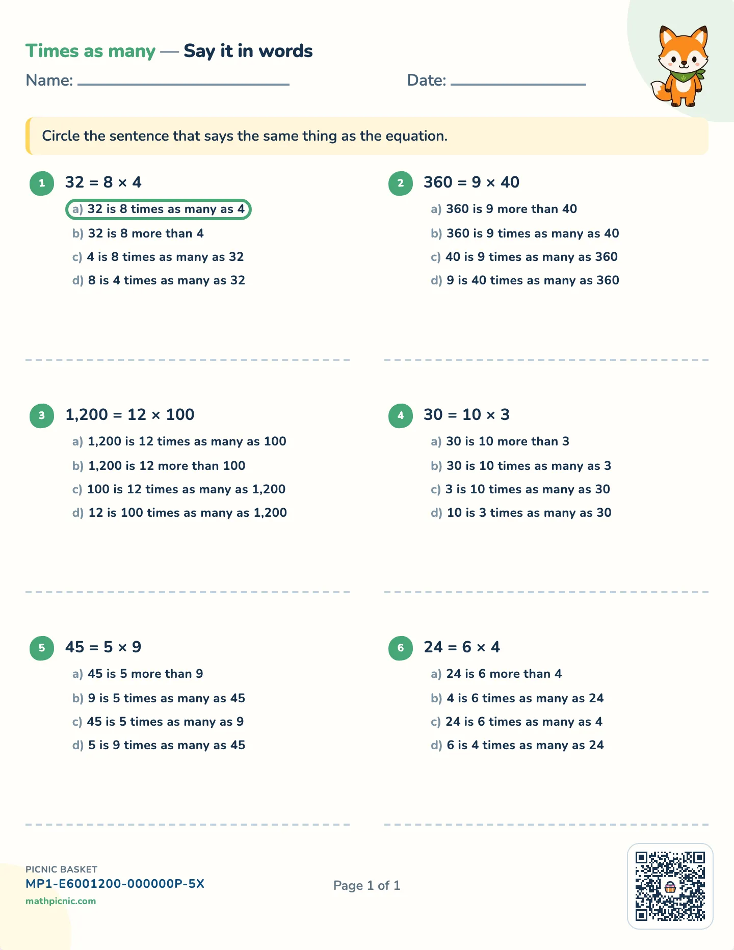 Times as many worksheet — Products to 3,600, free printable with answer key
